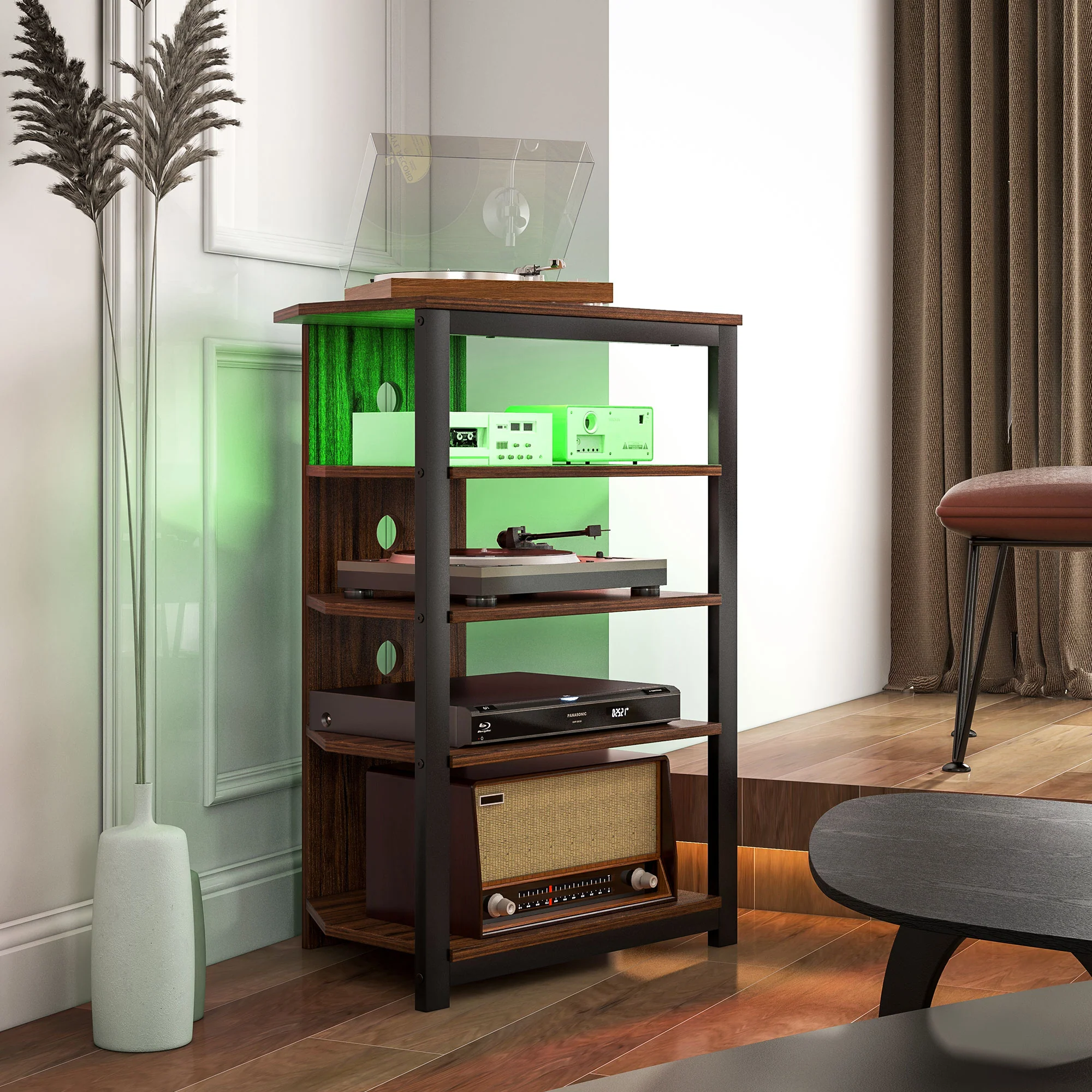 LED TV Stand, Entertainment Center with Storage Shelves and Steel Frame, Brown - Image 10