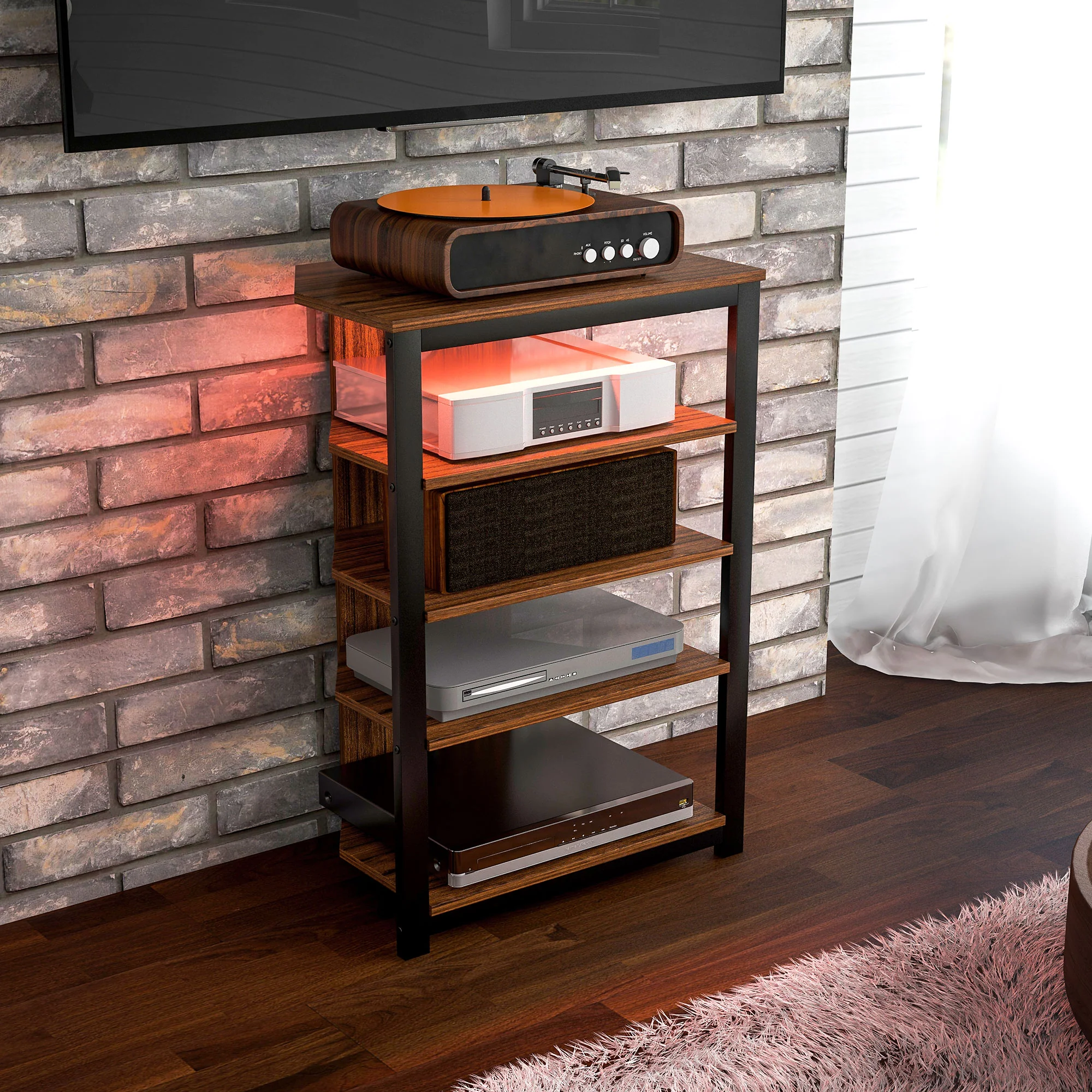LED TV Stand, Entertainment Center with Storage Shelves and Steel Frame, Brown - Image 11