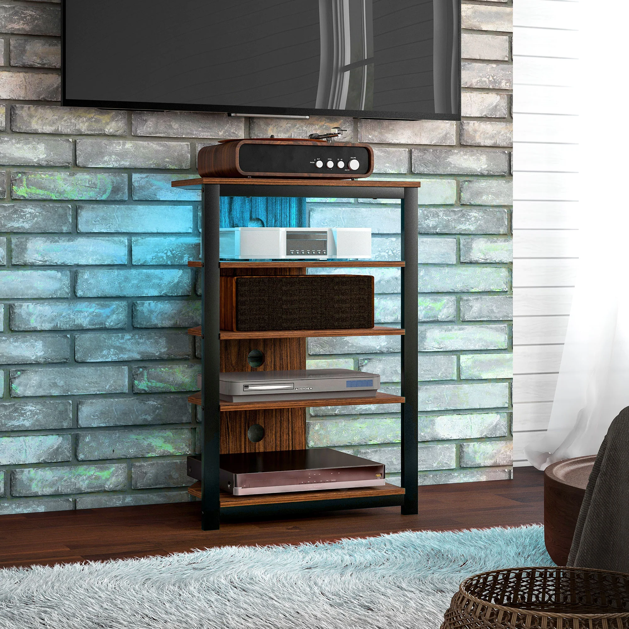 LED TV Stand, Entertainment Center with Storage Shelves and Steel Frame, Brown - Image 3