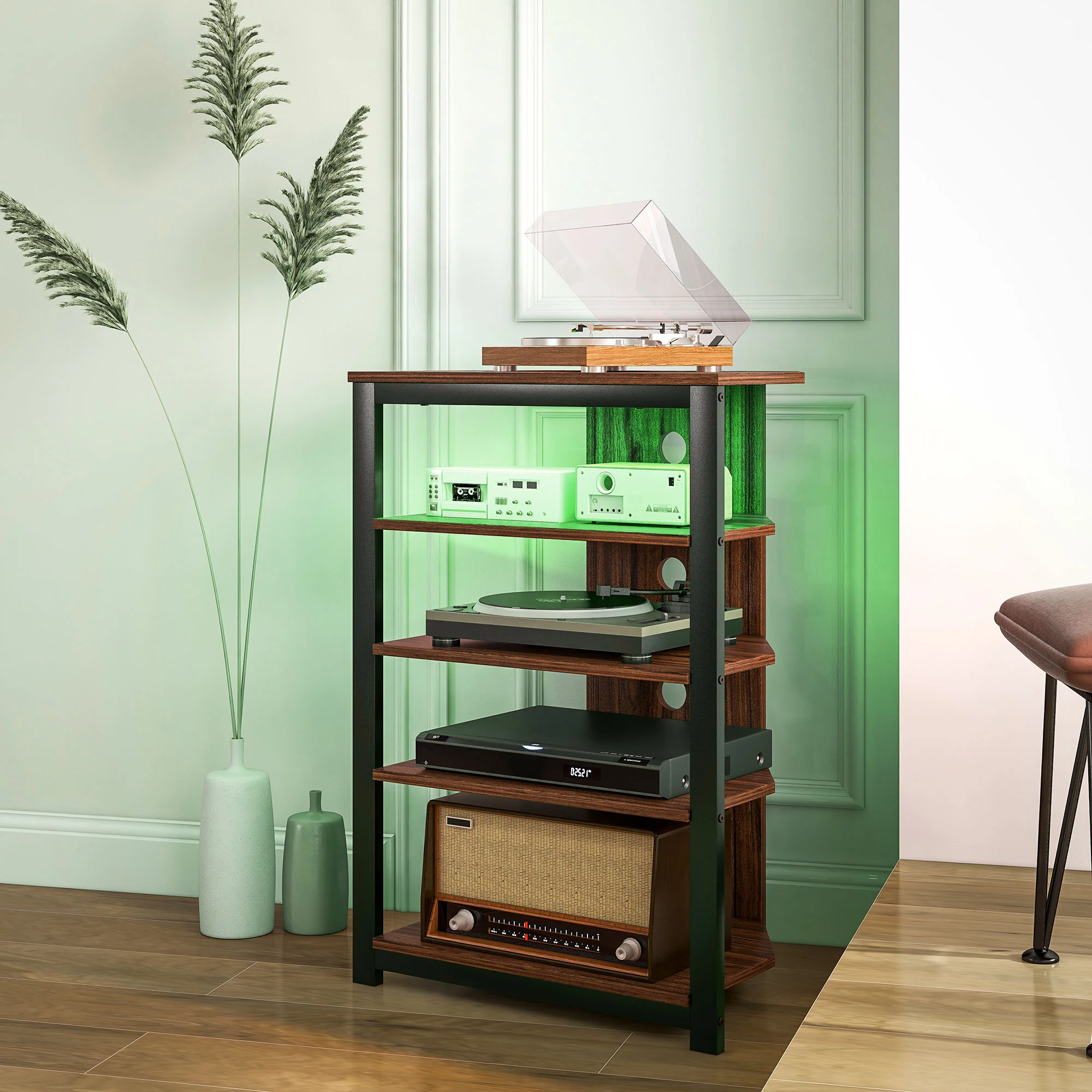 LED TV Stand, Entertainment Center with Storage Shelves and Steel Frame, Brown - Image 4