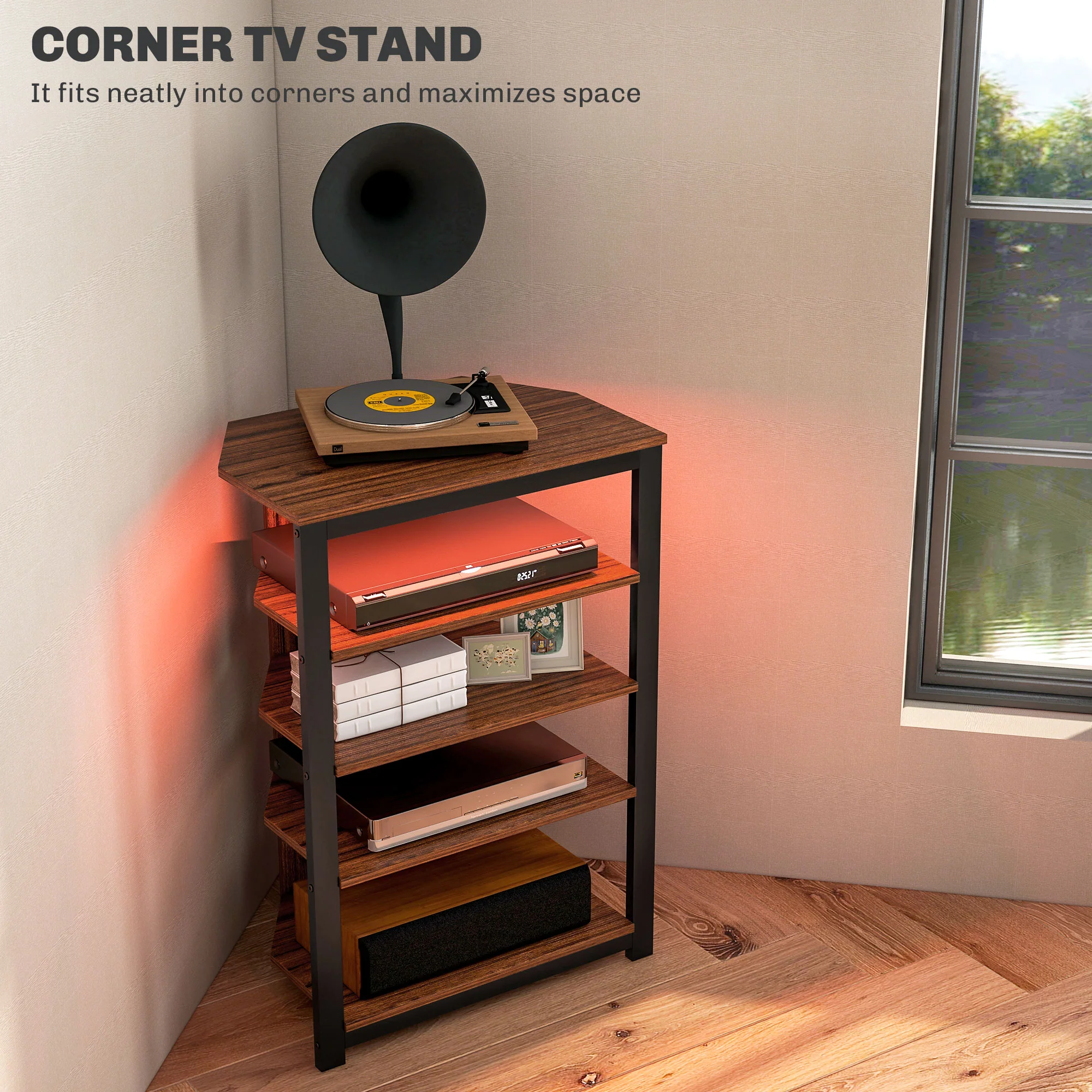 LED TV Stand, Entertainment Center with Storage Shelves and Steel Frame, Brown - Image 6