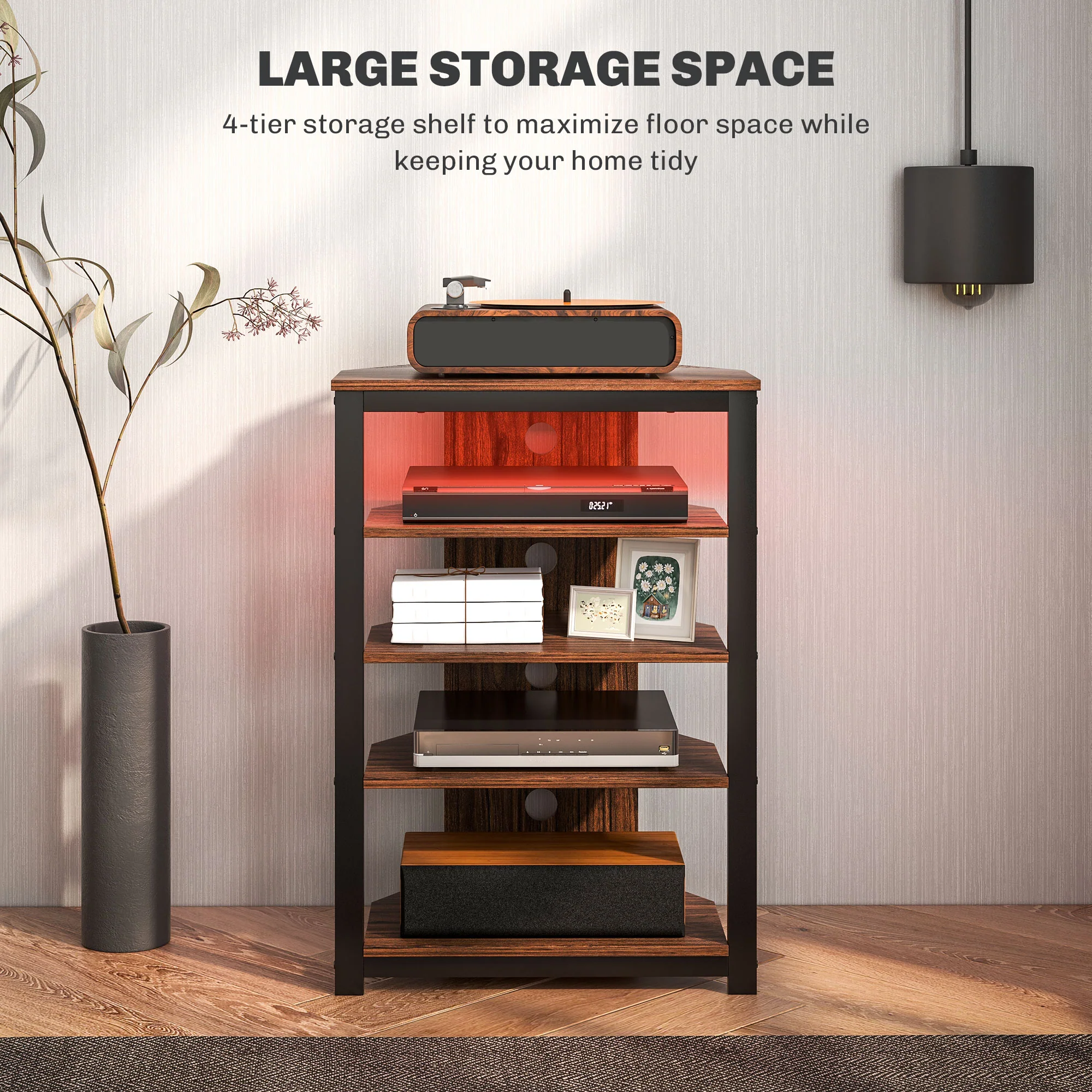 LED TV Stand, Entertainment Center with Storage Shelves and Steel Frame, Brown - Image 7