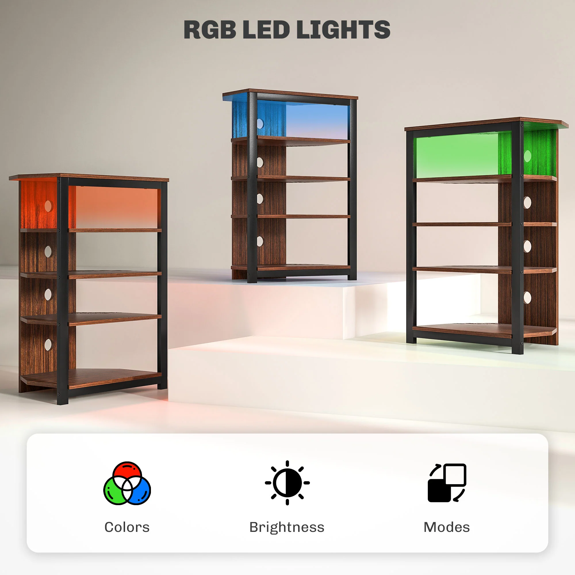 LED TV Stand, Entertainment Center with Storage Shelves and Steel Frame, Brown - Image 9