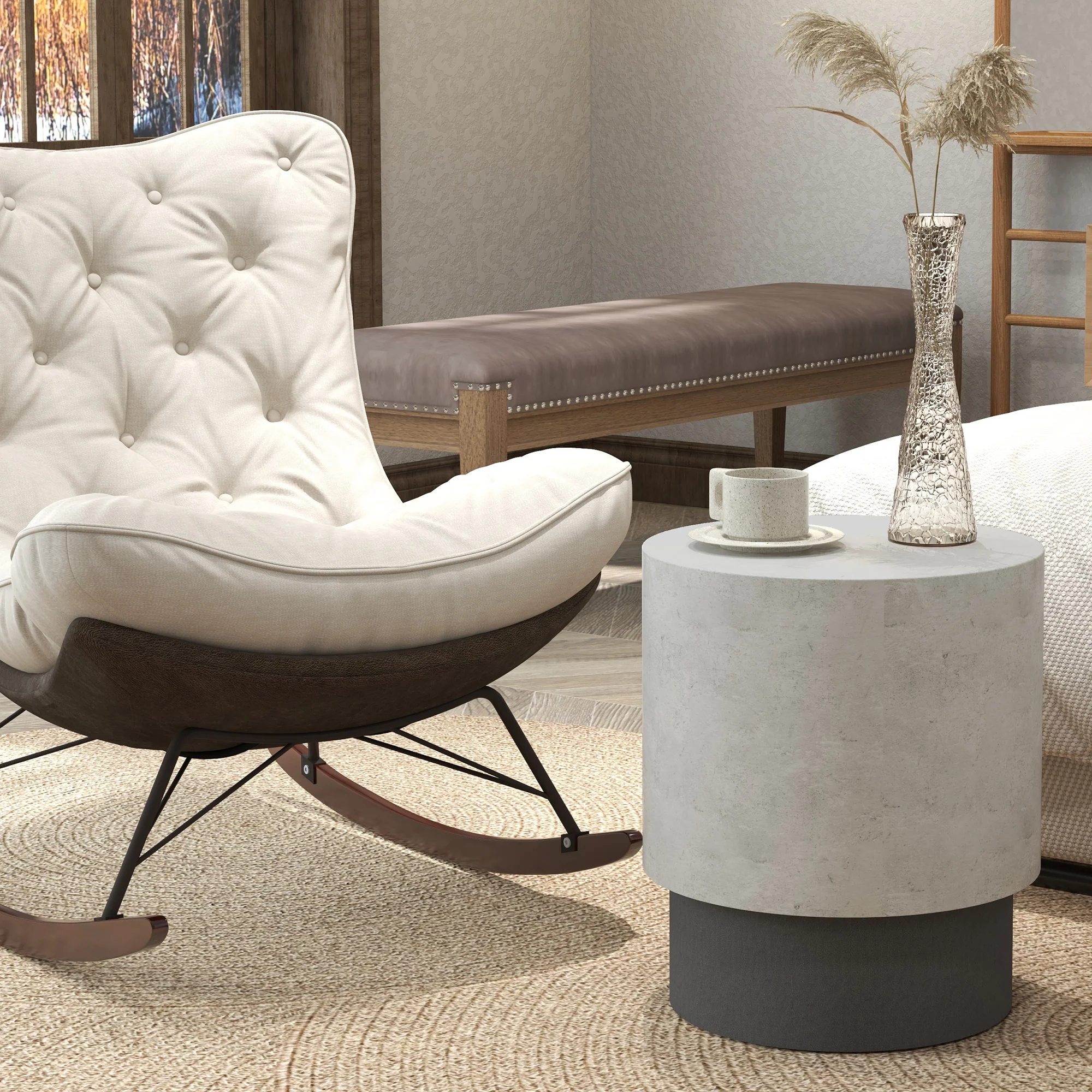 Lightweight  Round Accent Table with Concrete Finish & 4 Adjustable Feet, Gray - Image 6