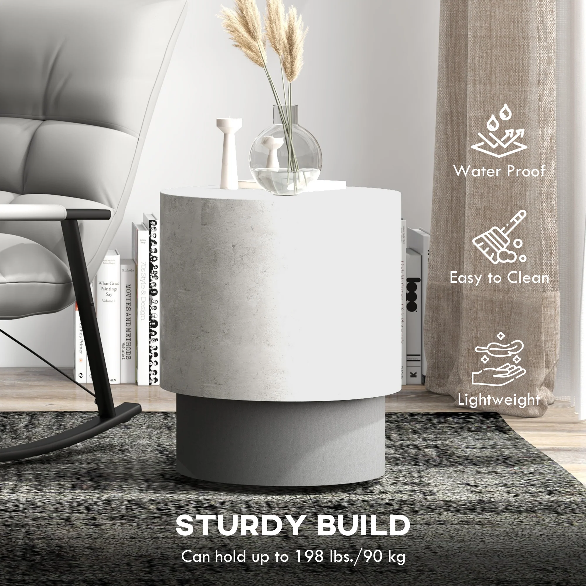 Lightweight  Round Accent Table with Concrete Finish & 4 Adjustable Feet, Gray - Image 7