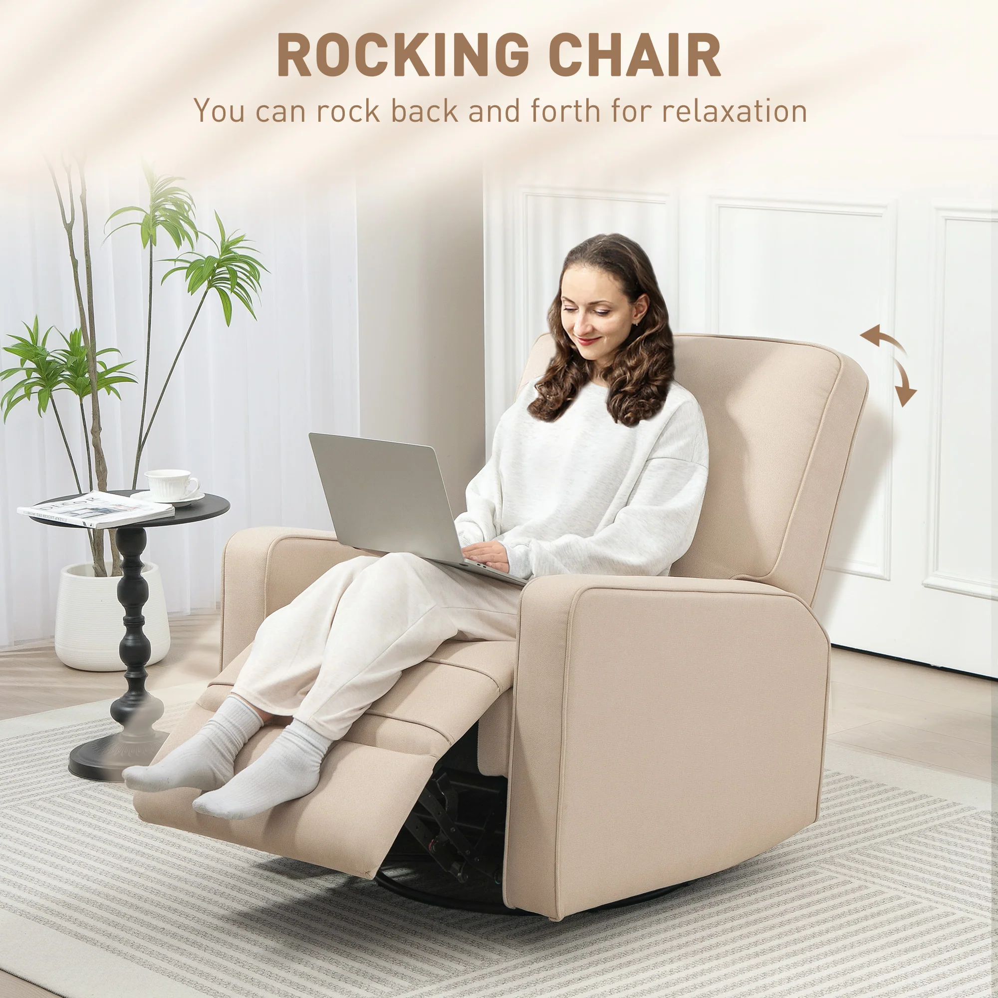 Manual Recliner Glider Rocking Chair, Breathable Fabric, Living Room, Beige - Image 10