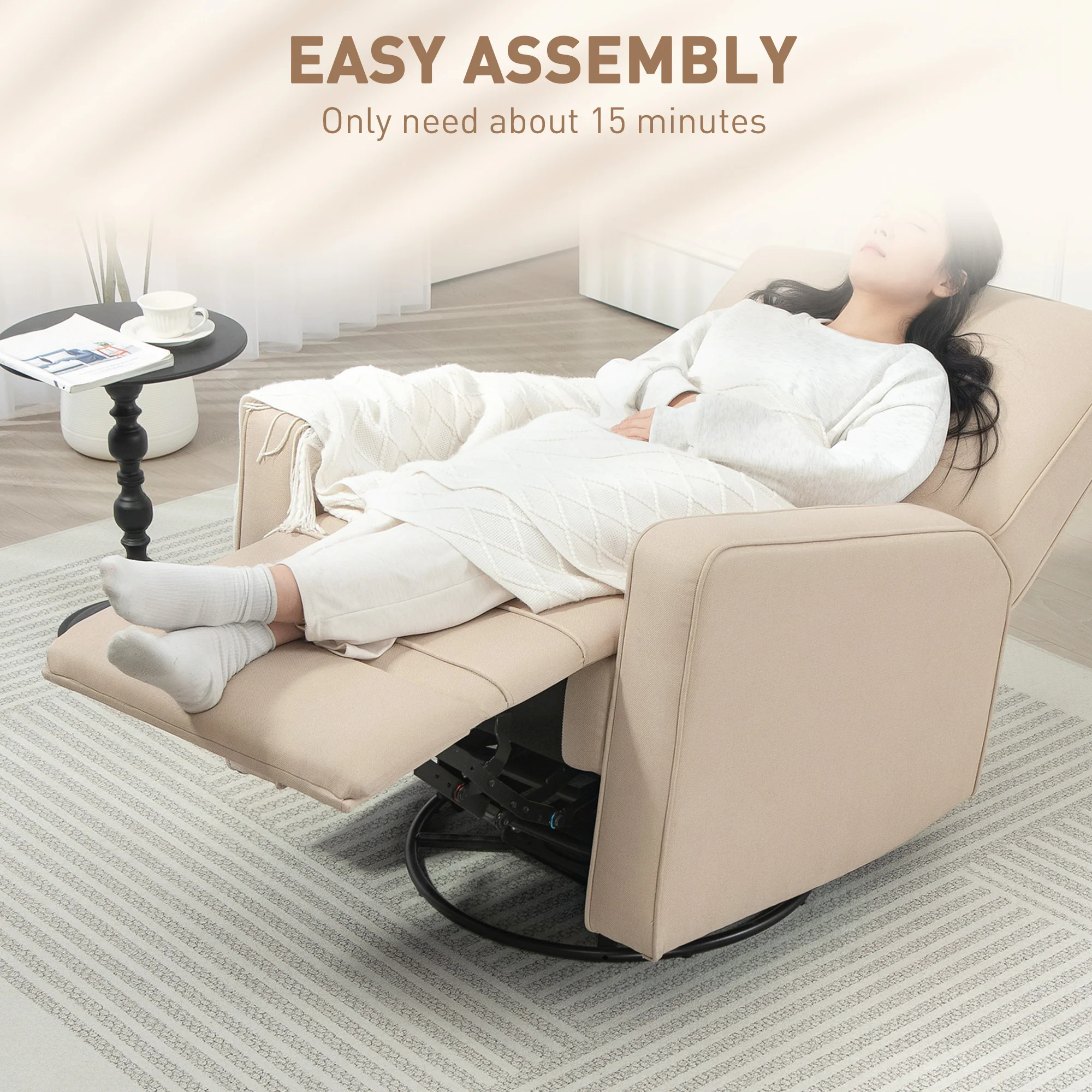 Manual Recliner Glider Rocking Chair, Breathable Fabric, Living Room, Beige - Image 11