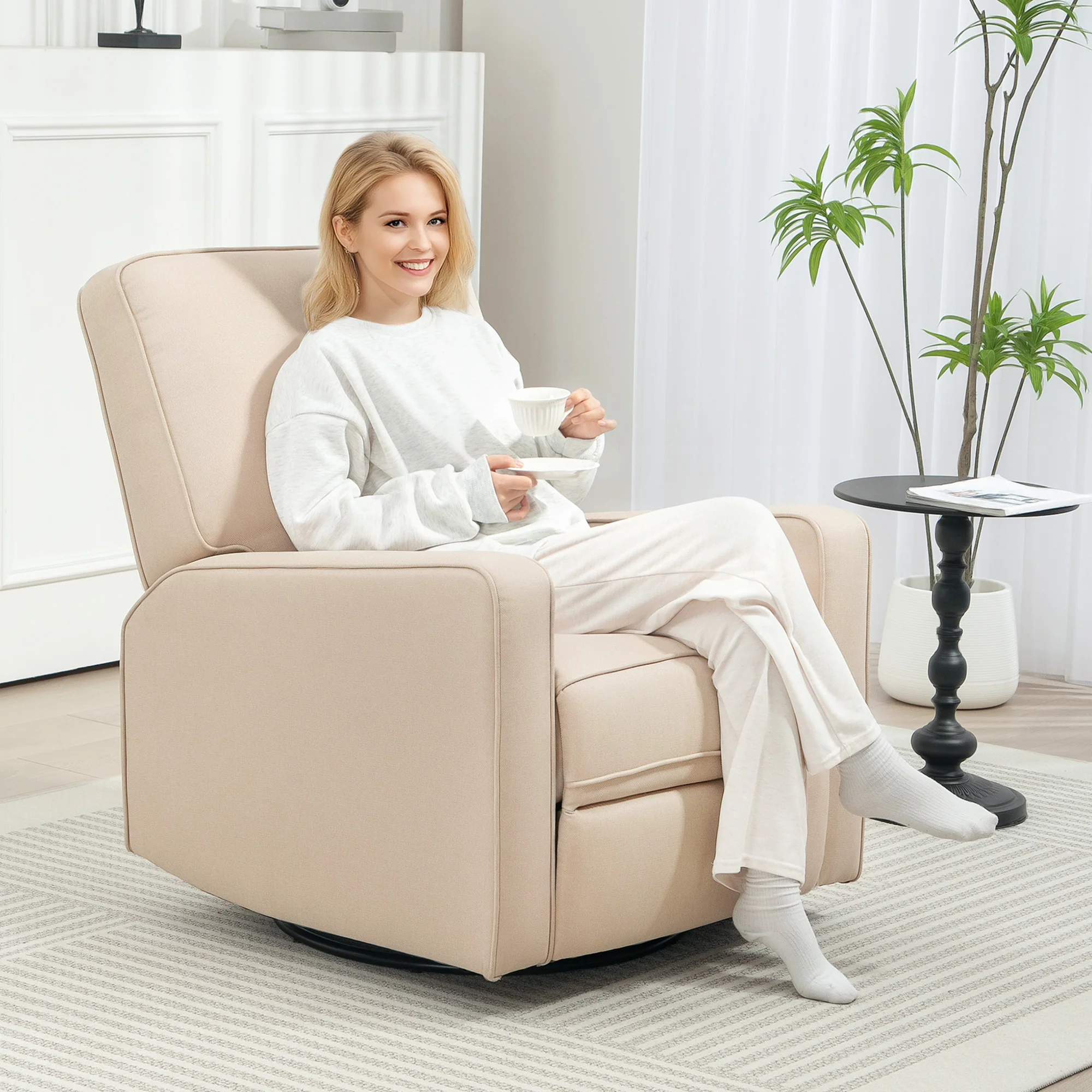 Manual Recliner Glider Rocking Chair, Breathable Fabric, Living Room, Beige - Image 3