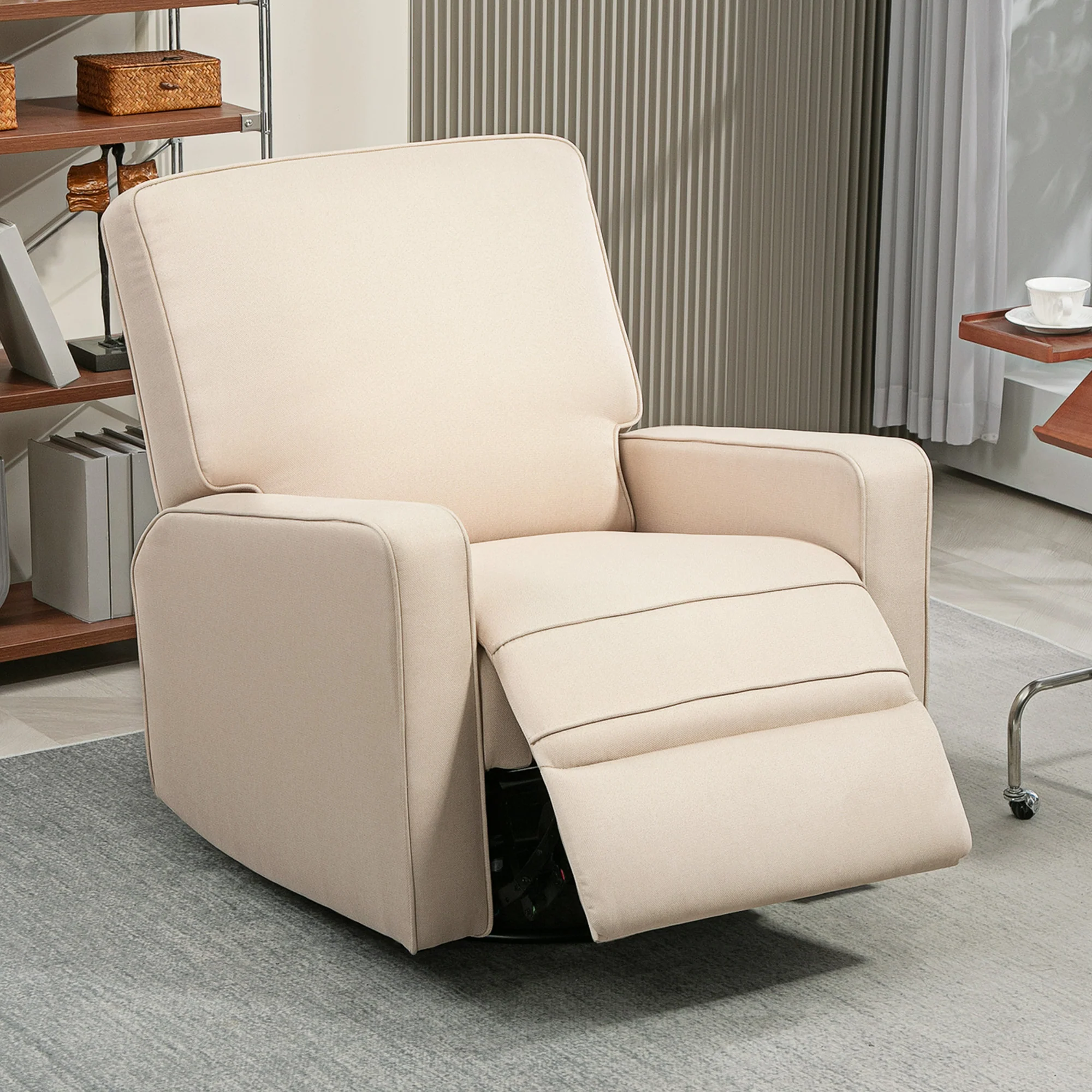 Manual Recliner Glider Rocking Chair, Breathable Fabric, Living Room, Beige - Image 4