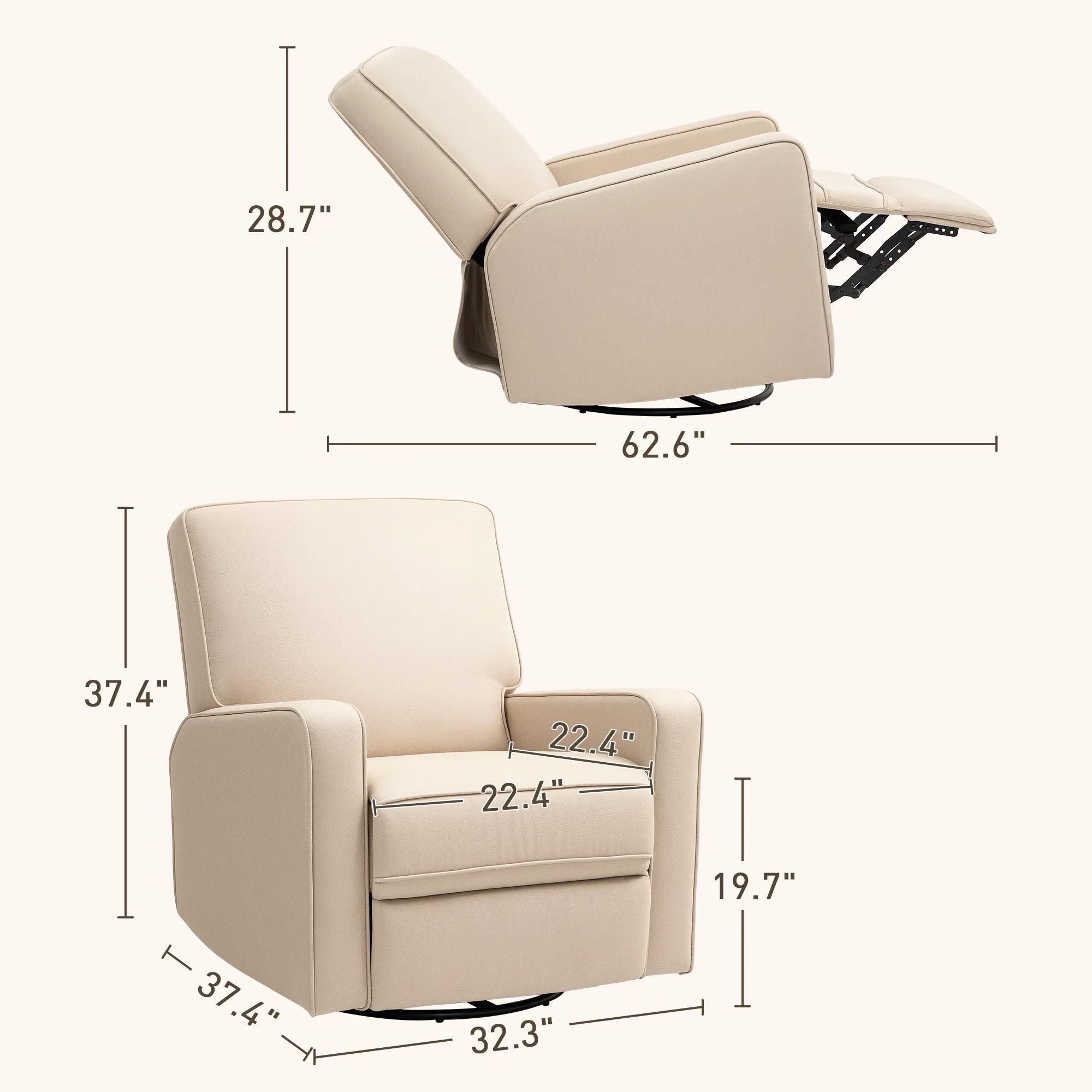 Manual Recliner Glider Rocking Chair, Breathable Fabric, Living Room, Beige - Image 5