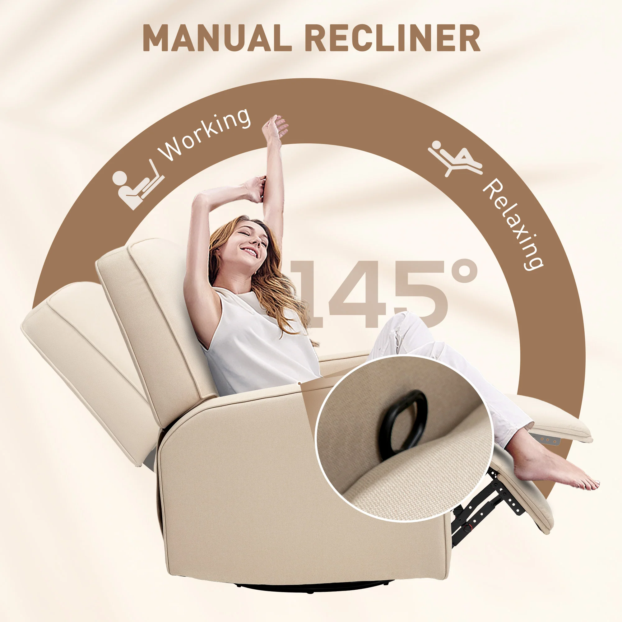 Manual Recliner Glider Rocking Chair, Breathable Fabric, Living Room, Beige - Image 6