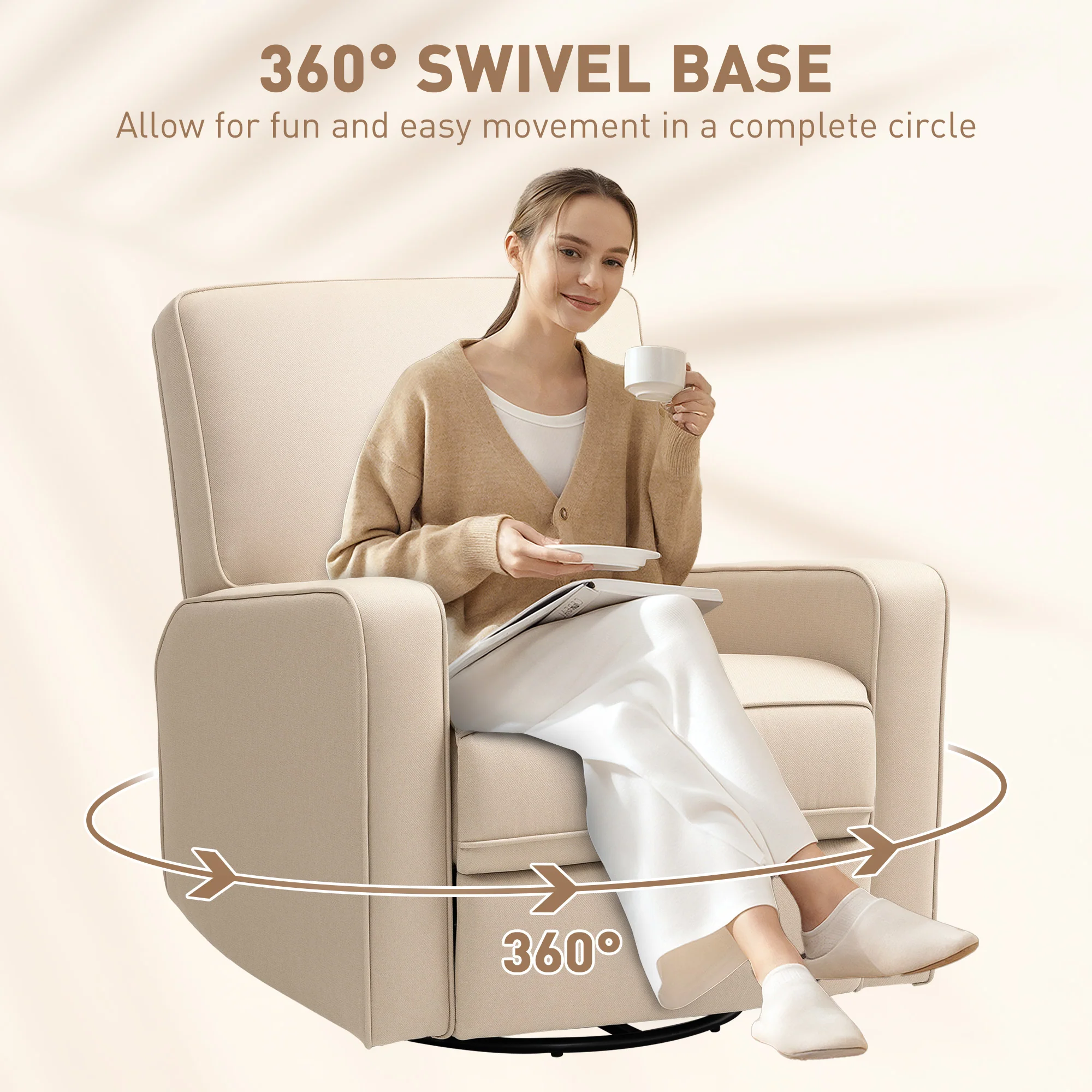 Manual Recliner Glider Rocking Chair, Breathable Fabric, Living Room, Beige - Image 9
