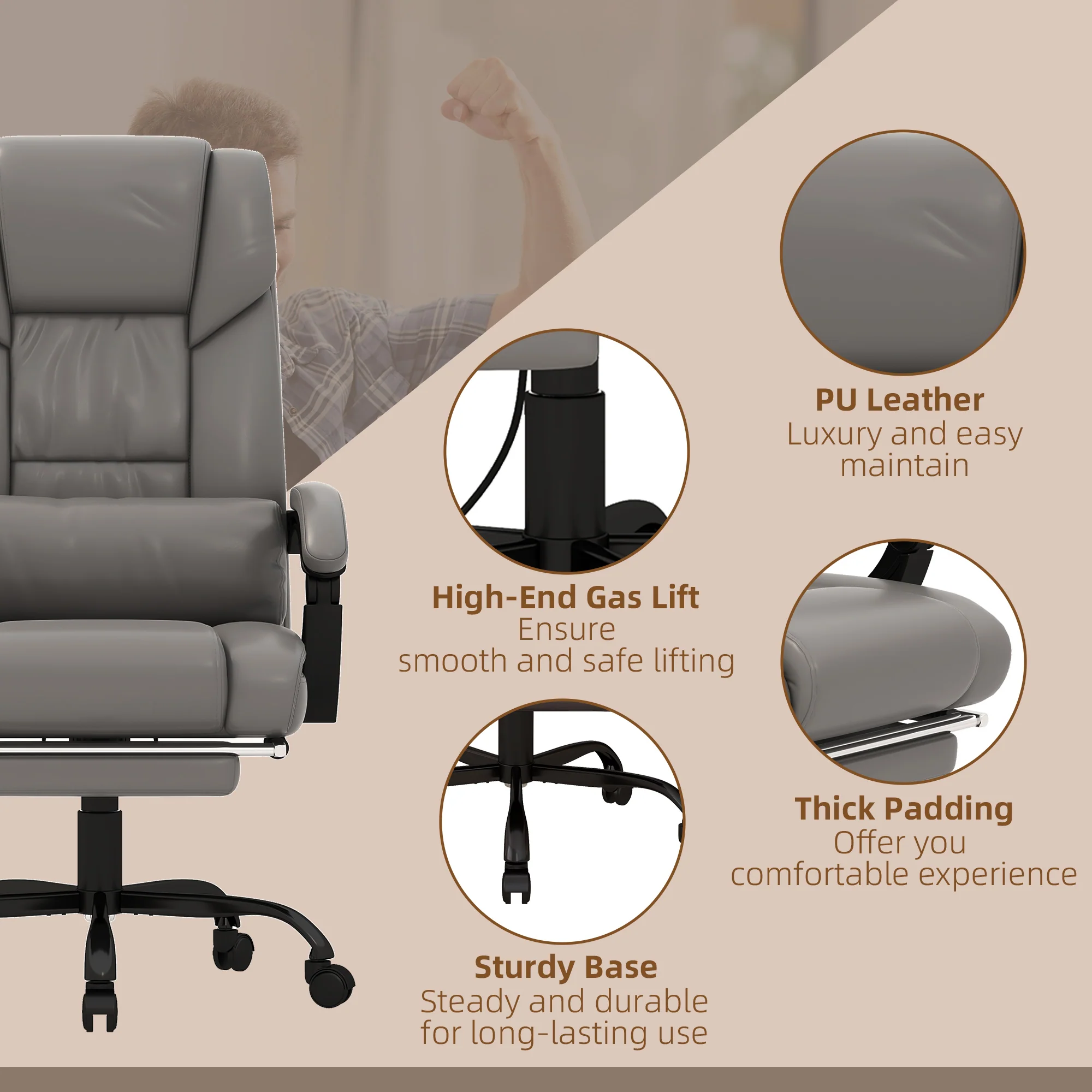 6 Vibrating Points Massage Office Chair, High Back Reclining Chair w/ Footrest, Gray - Image 10