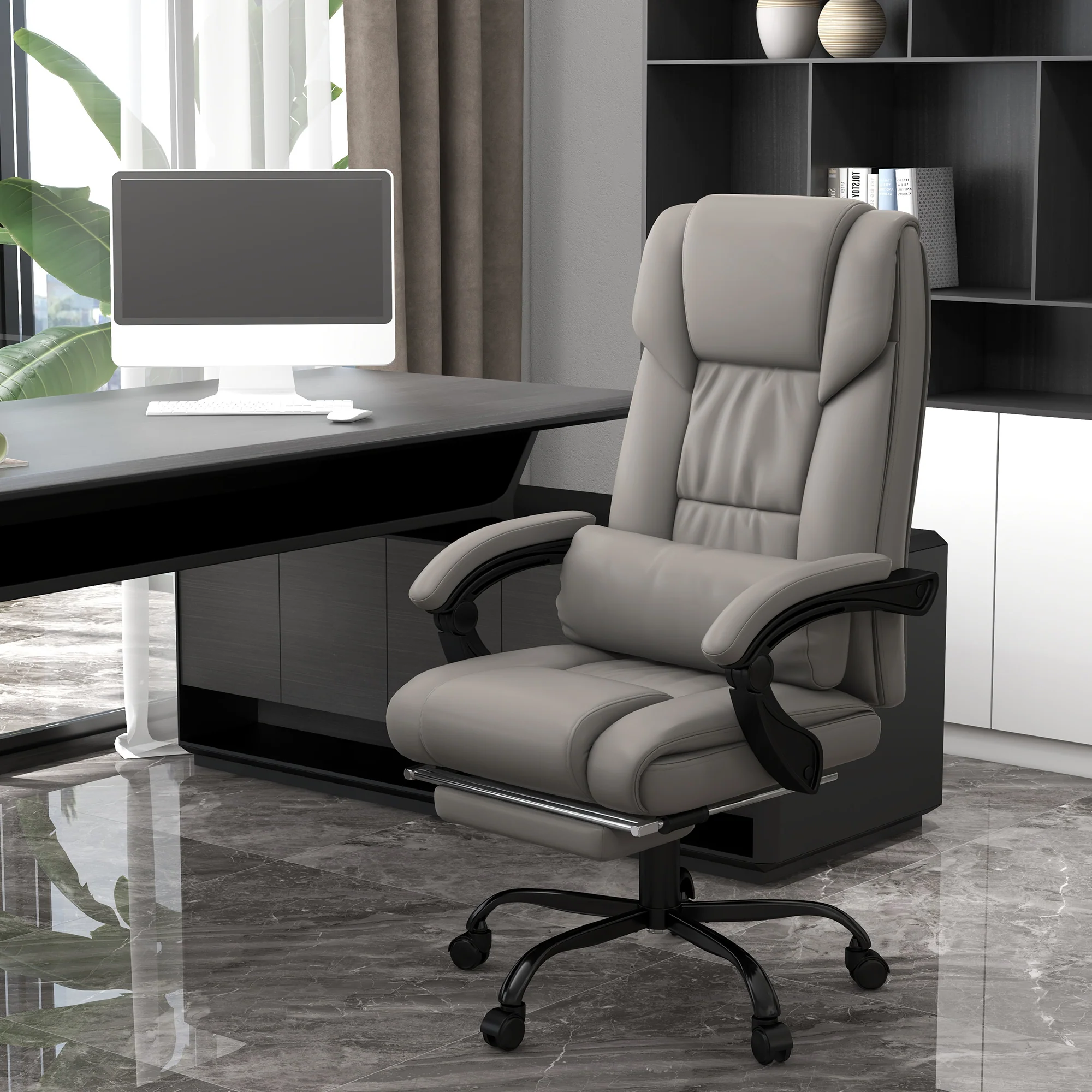6 Vibrating Points Massage Office Chair, High Back Reclining Chair w/ Footrest, Gray - Image 3
