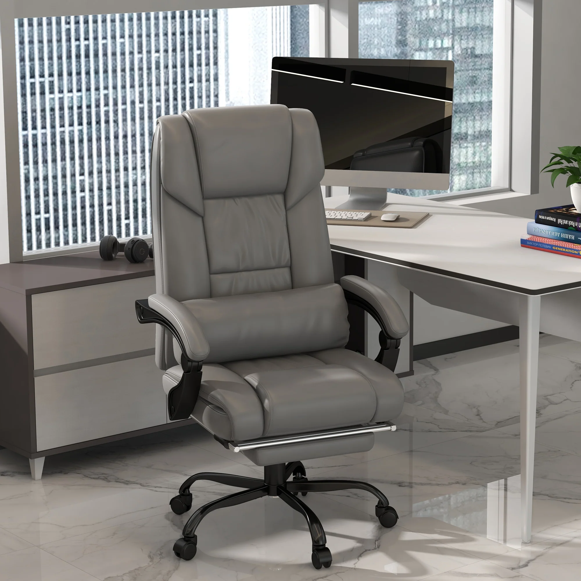 6 Vibrating Points Massage Office Chair, High Back Reclining Chair w/ Footrest, Gray - Image 4