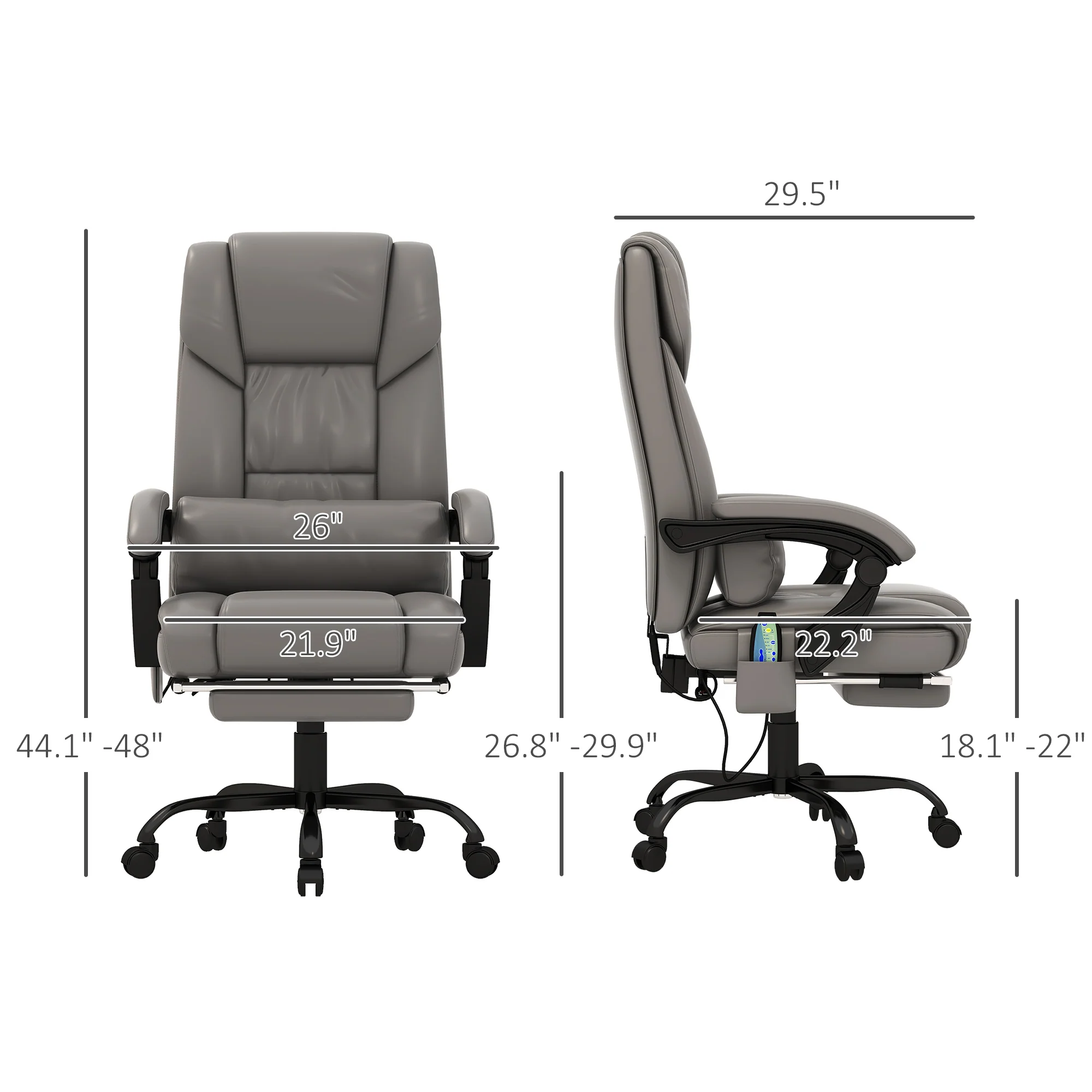 6 Vibrating Points Massage Office Chair, High Back Reclining Chair w/ Footrest, Gray - Image 5