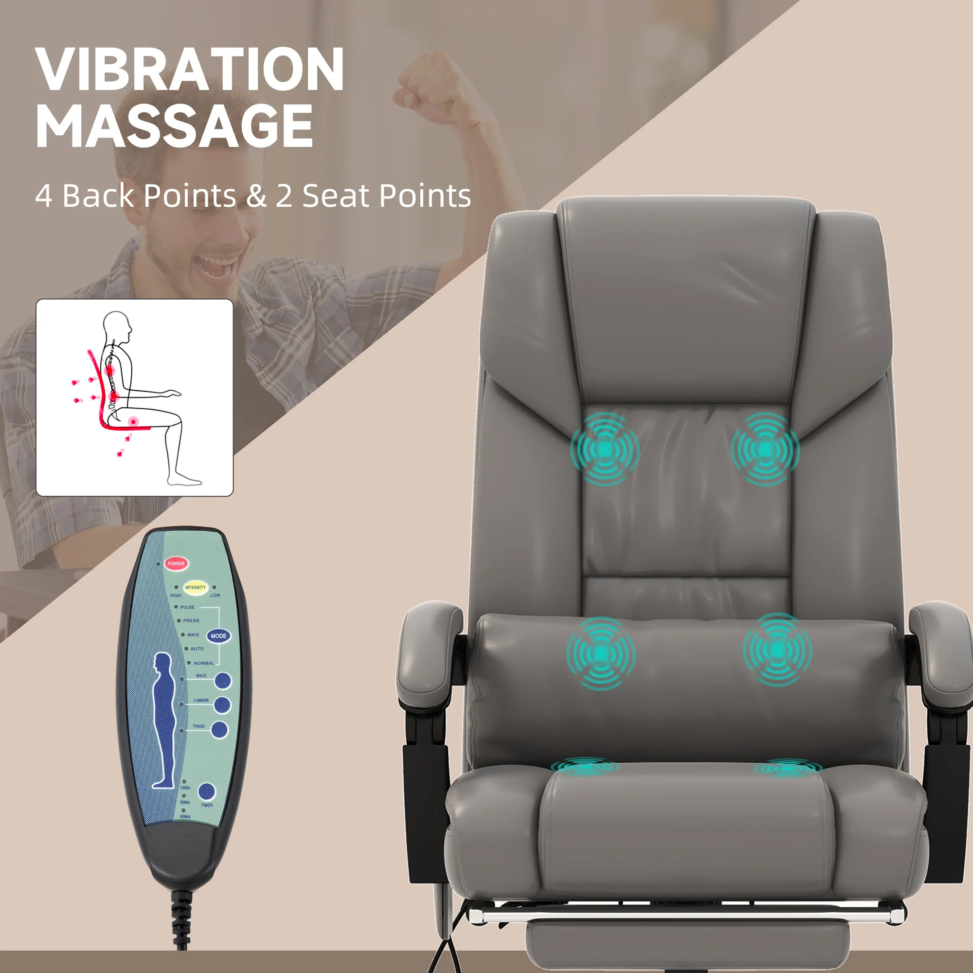 6 Vibrating Points Massage Office Chair, High Back Reclining Chair w/ Footrest, Gray - Image 6