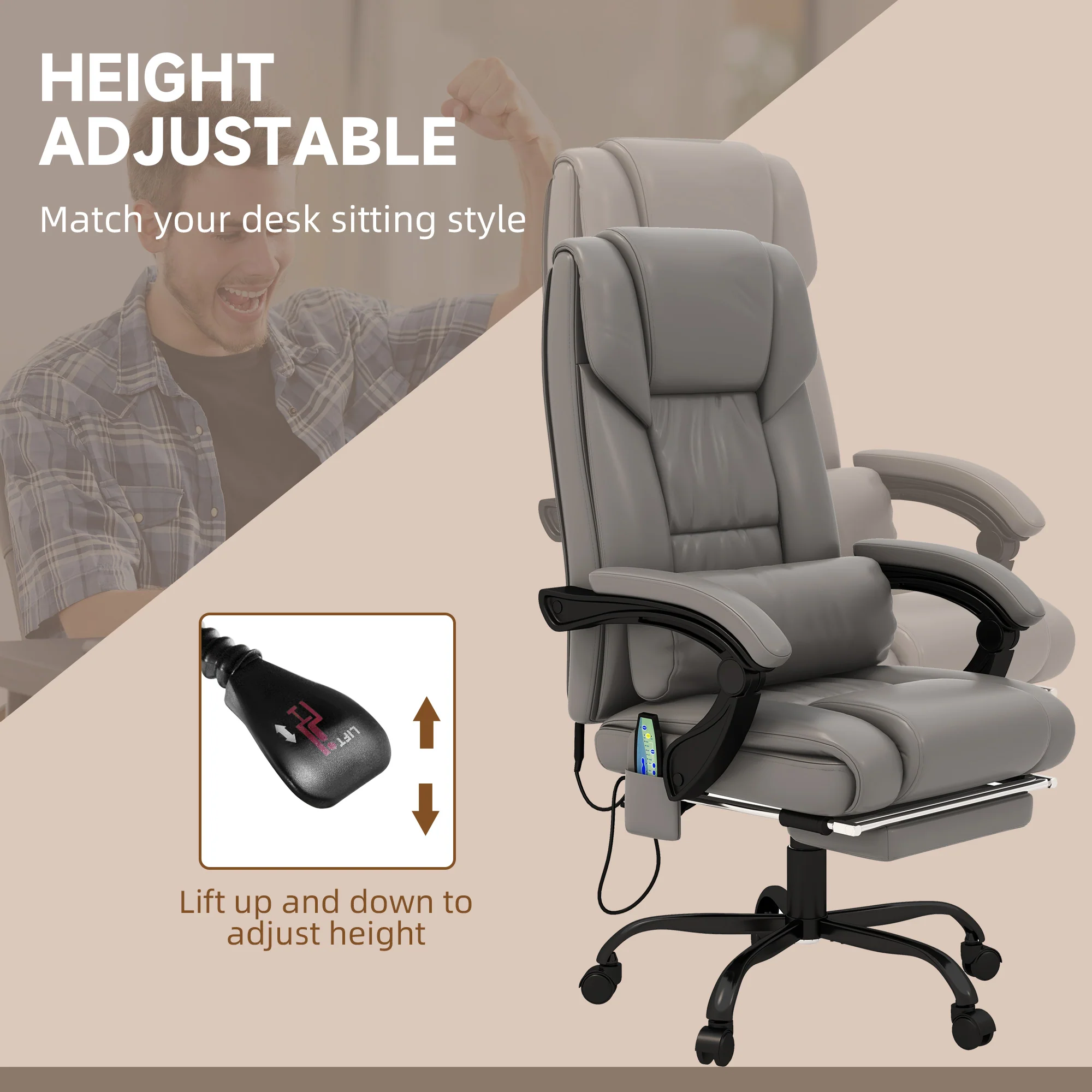 6 Vibrating Points Massage Office Chair, High Back Reclining Chair w/ Footrest, Gray - Image 7