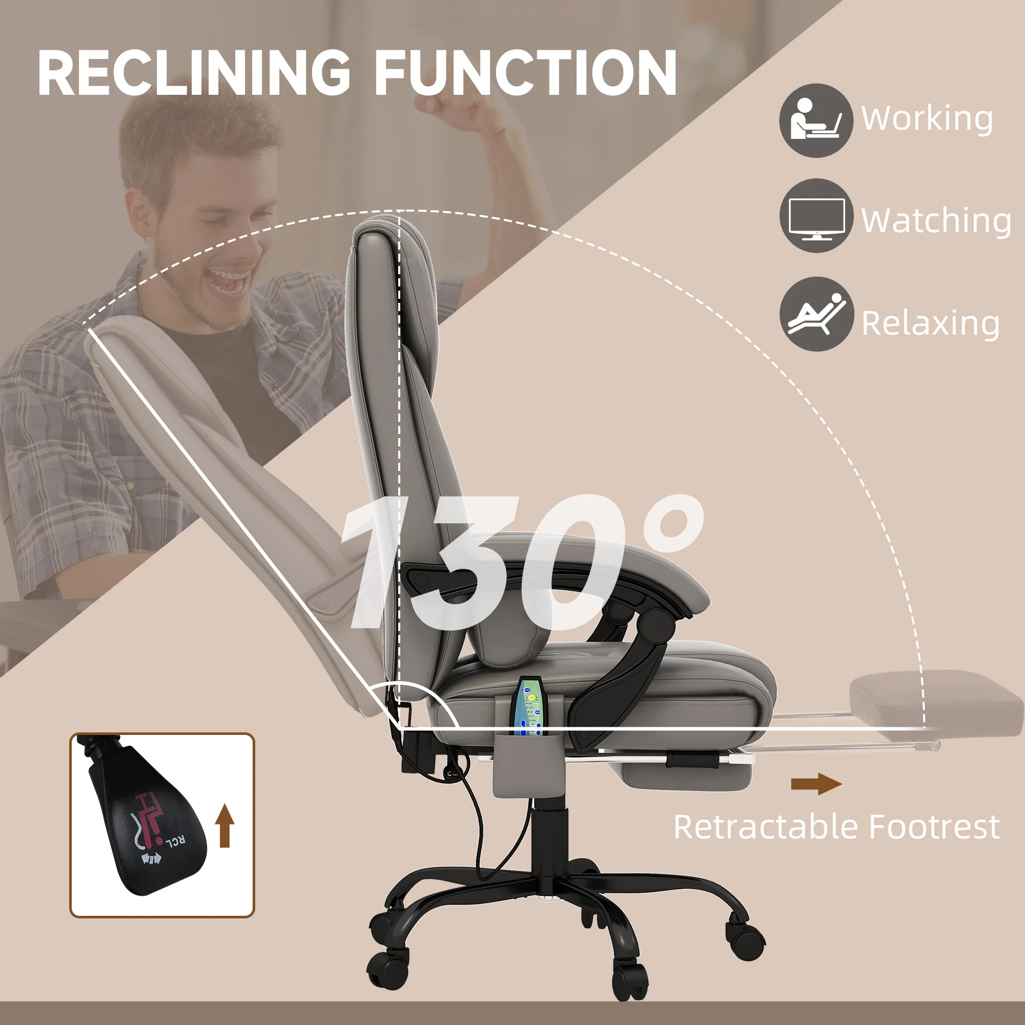 6 Vibrating Points Massage Office Chair, High Back Reclining Chair w/ Footrest, Gray - Image 8
