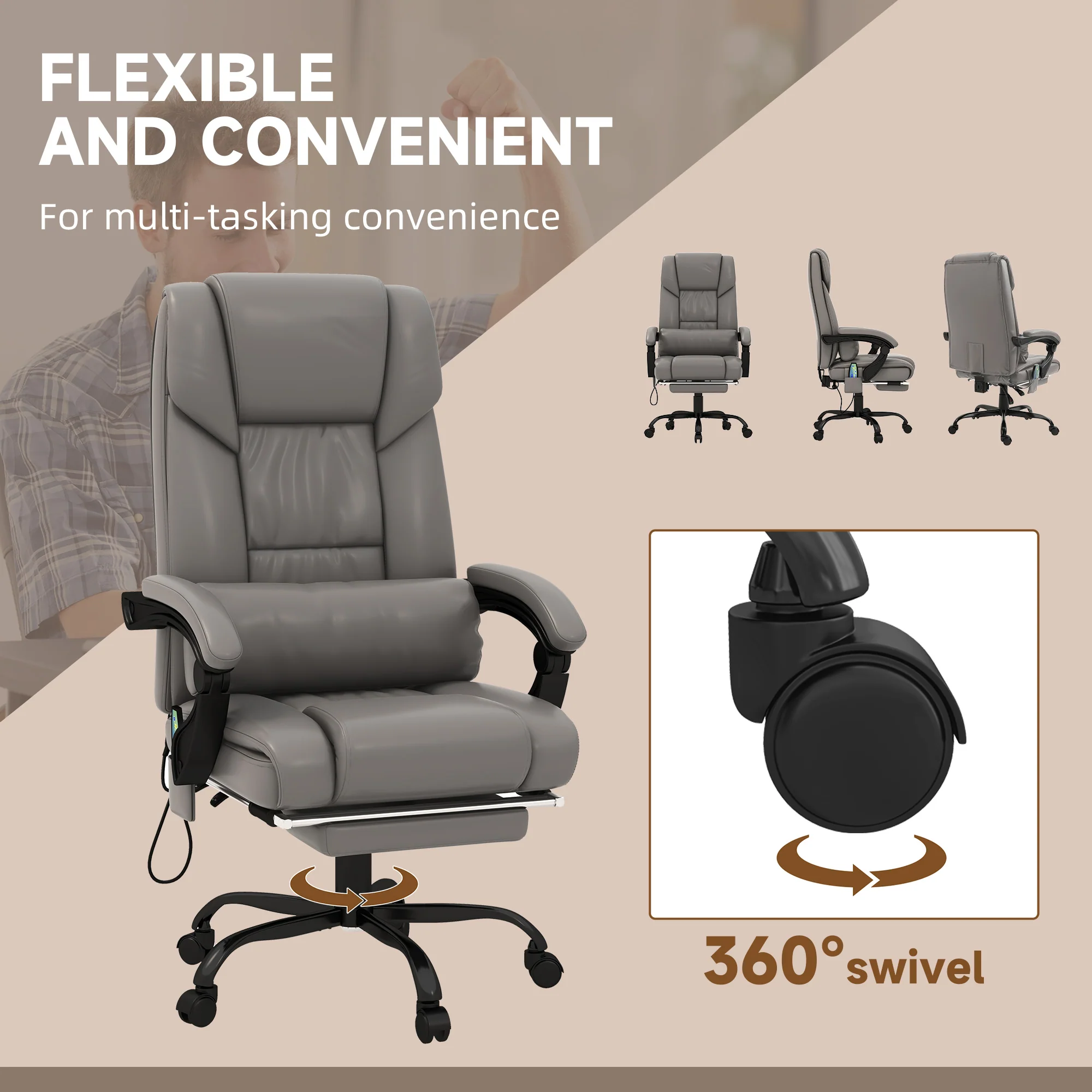 6 Vibrating Points Massage Office Chair, High Back Reclining Chair w/ Footrest, Gray - Image 9