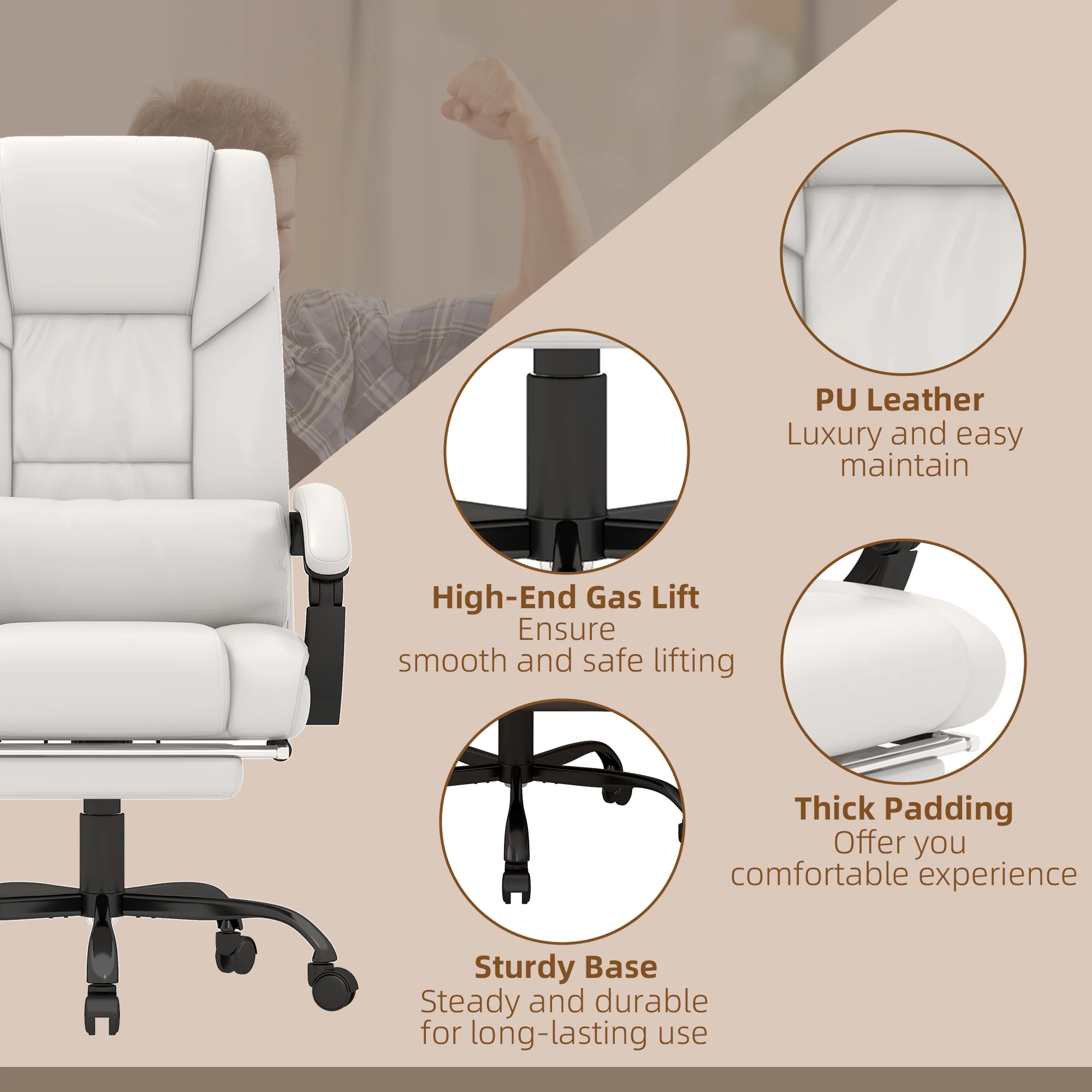 6 Vibrating Points Massage Office Chair, High Back Reclining Chair w/ Footrest, White - Image 10