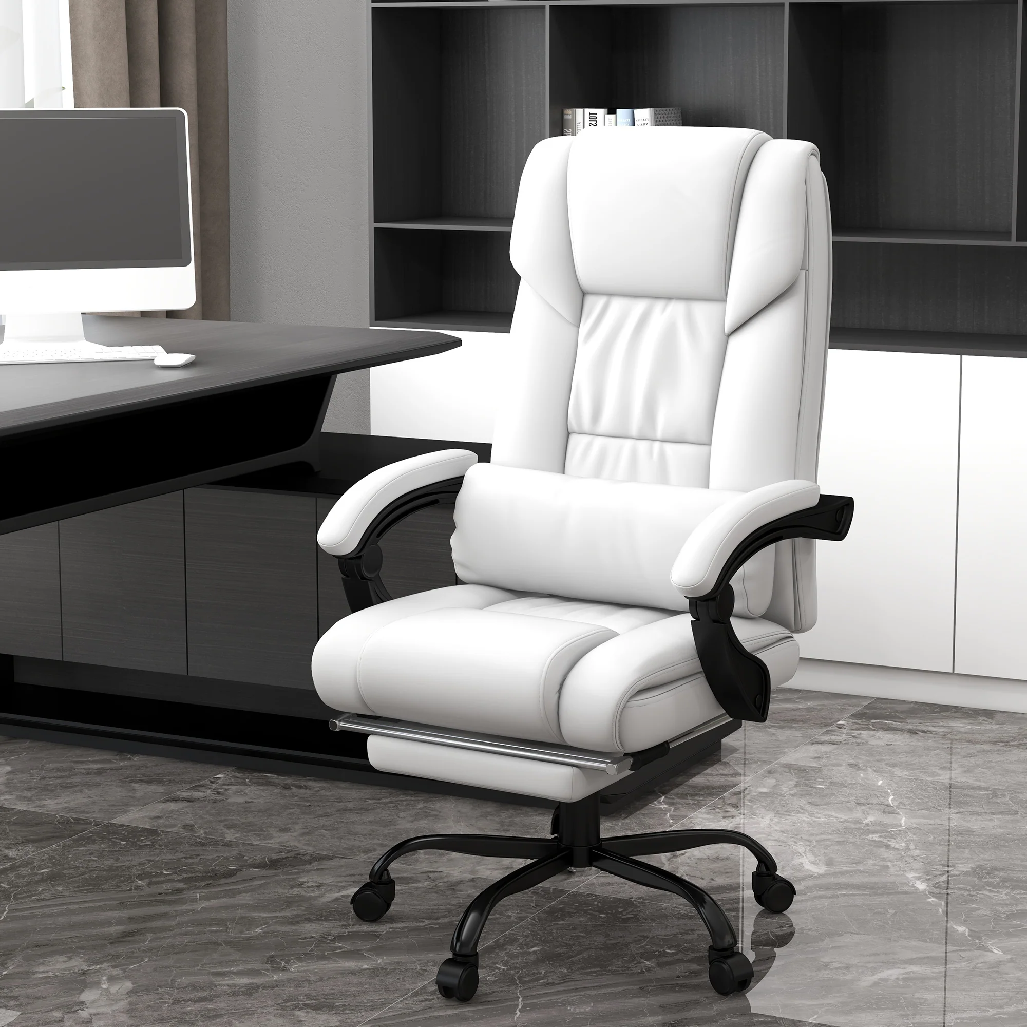 6 Vibrating Points Massage Office Chair, High Back Reclining Chair w/ Footrest, White - Image 3