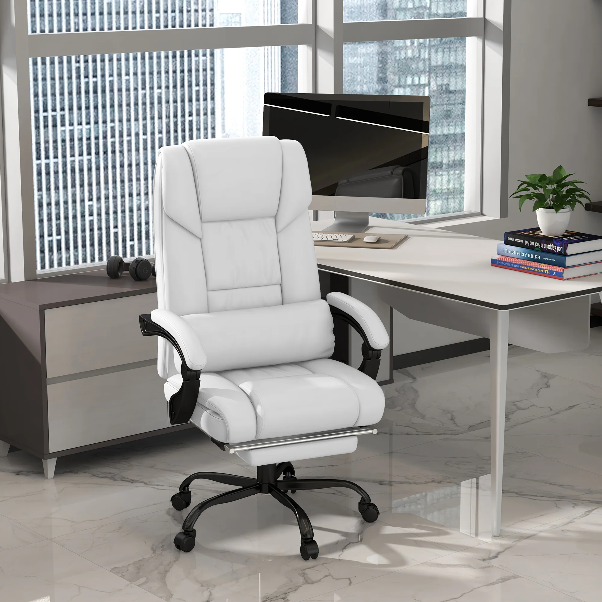 6 Vibrating Points Massage Office Chair, High Back Reclining Chair w/ Footrest, White - Image 4