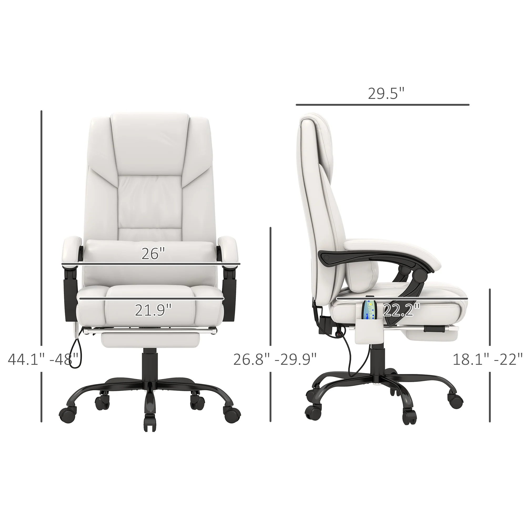 6 Vibrating Points Massage Office Chair, High Back Reclining Chair w/ Footrest, White - Image 5