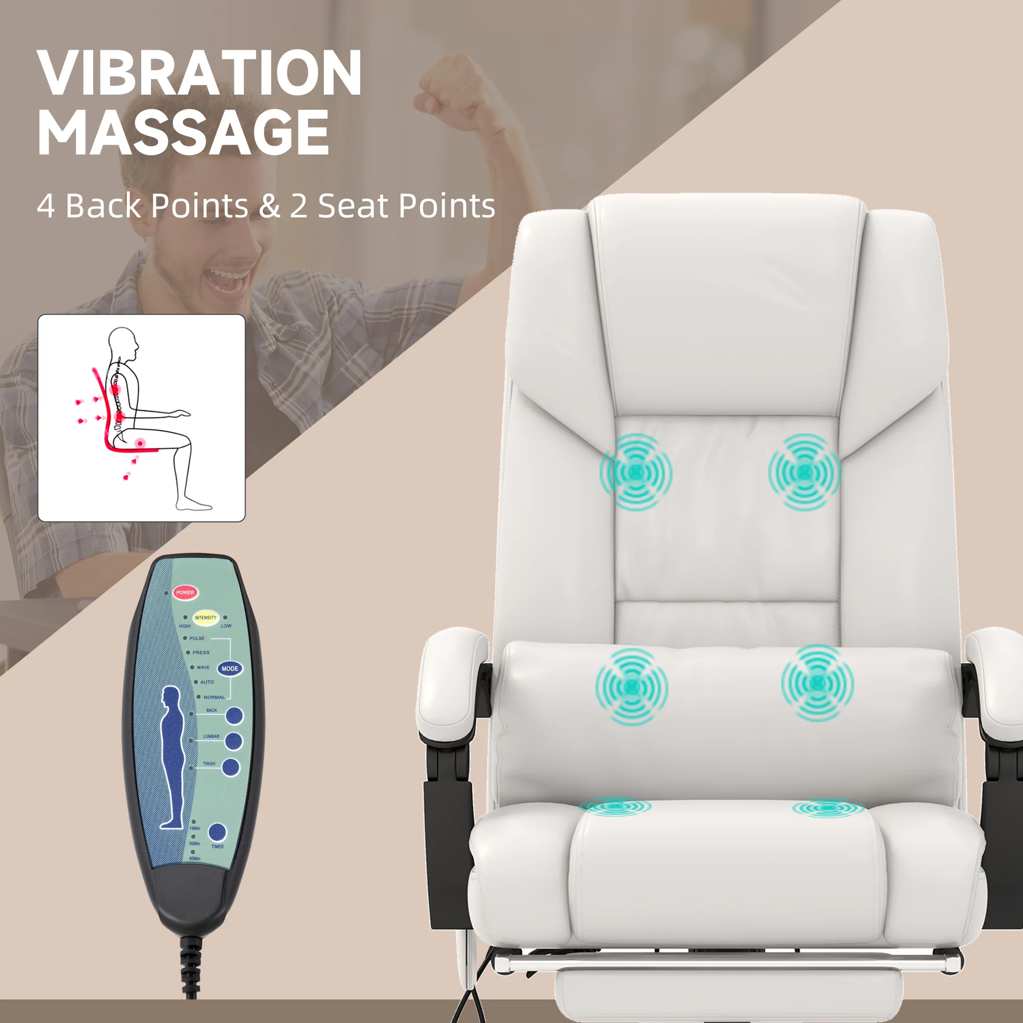 6 Vibrating Points Massage Office Chair, High Back Reclining Chair w/ Footrest, White - Image 6