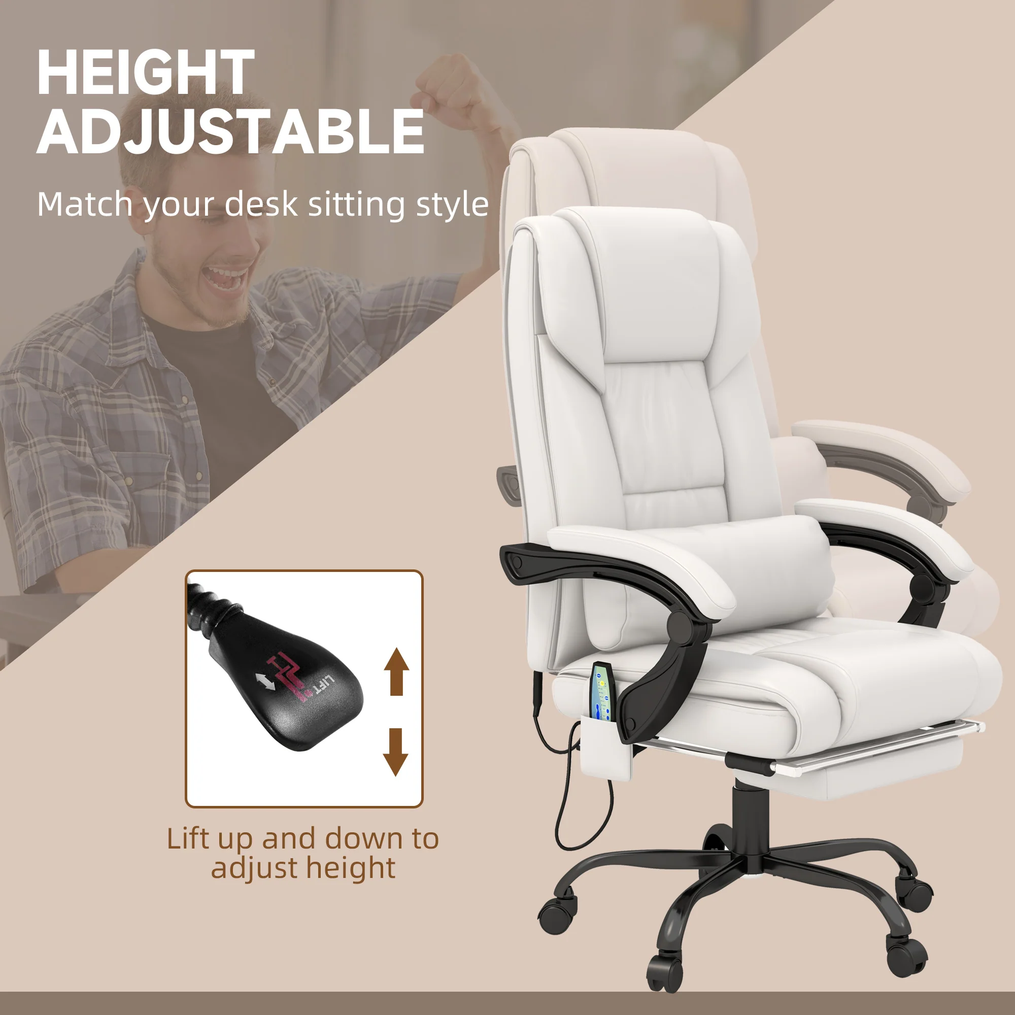 6 Vibrating Points Massage Office Chair, High Back Reclining Chair w/ Footrest, White - Image 7