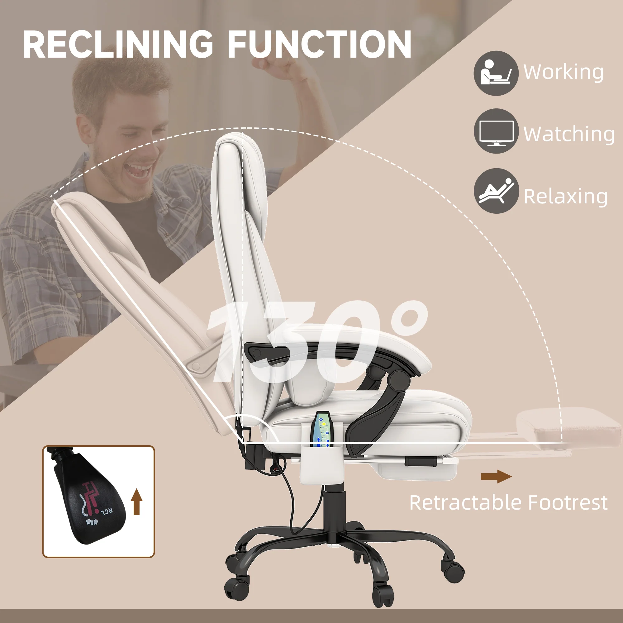 6 Vibrating Points Massage Office Chair, High Back Reclining Chair w/ Footrest, White - Image 8