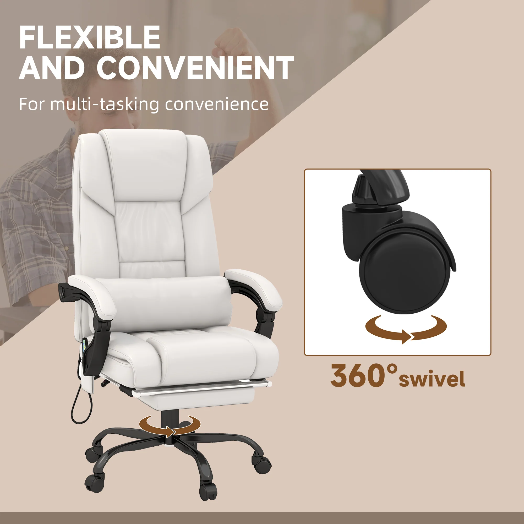 6 Vibrating Points Massage Office Chair, High Back Reclining Chair w/ Footrest, White - Image 9