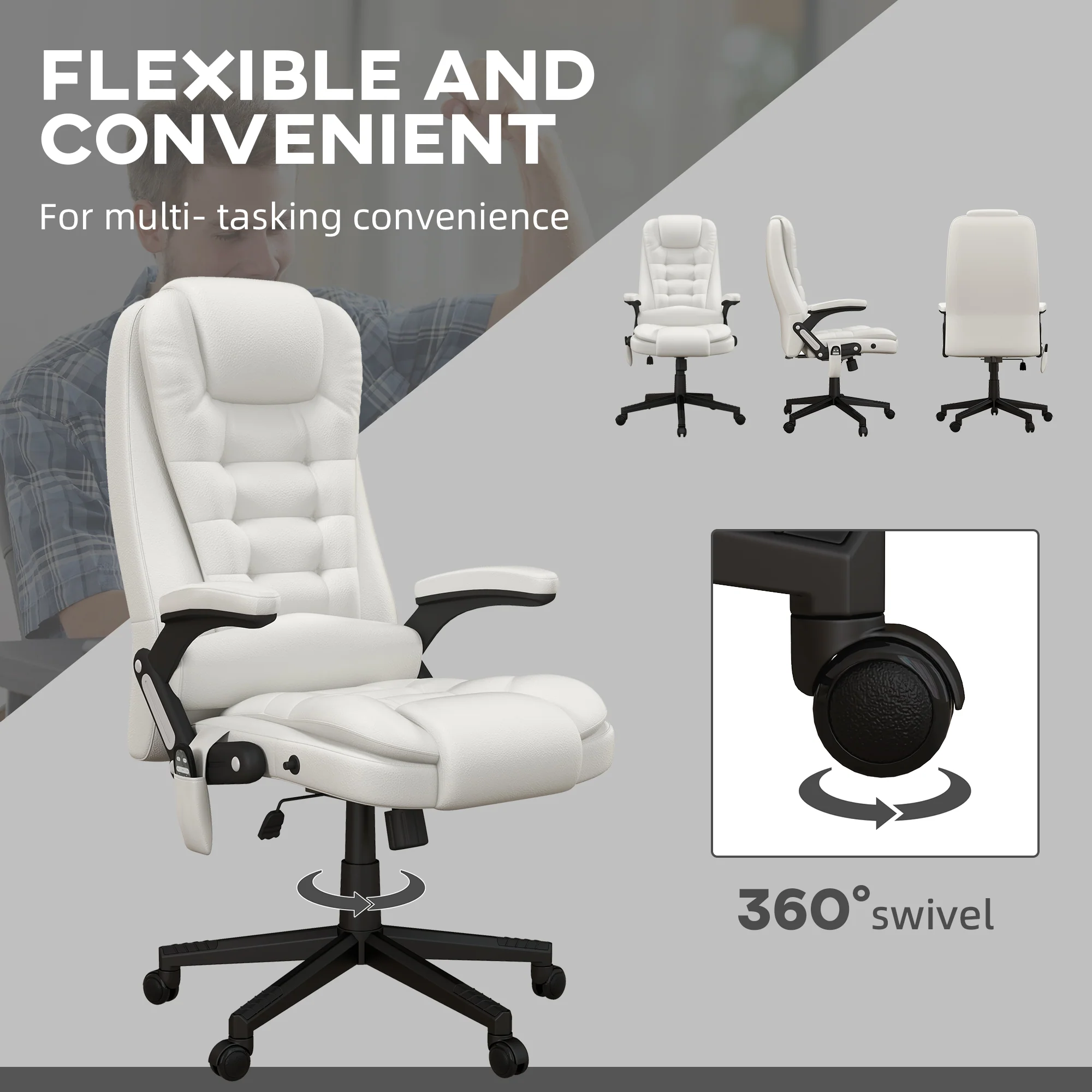 Heated Massage Office Chair with 6 Vibration Points, Armrest and Remote, White - Image 10
