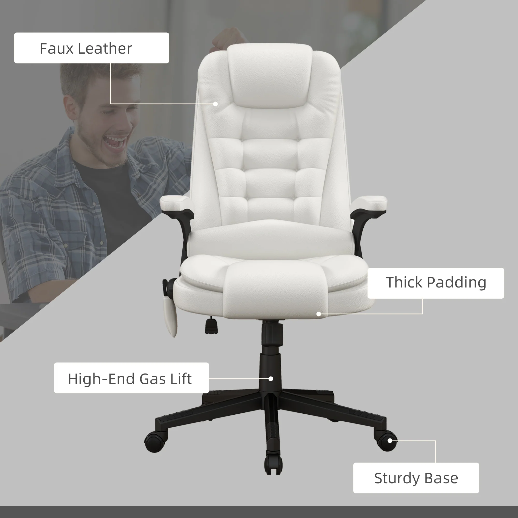 Heated Massage Office Chair with 6 Vibration Points, Armrest and Remote, White - Image 11