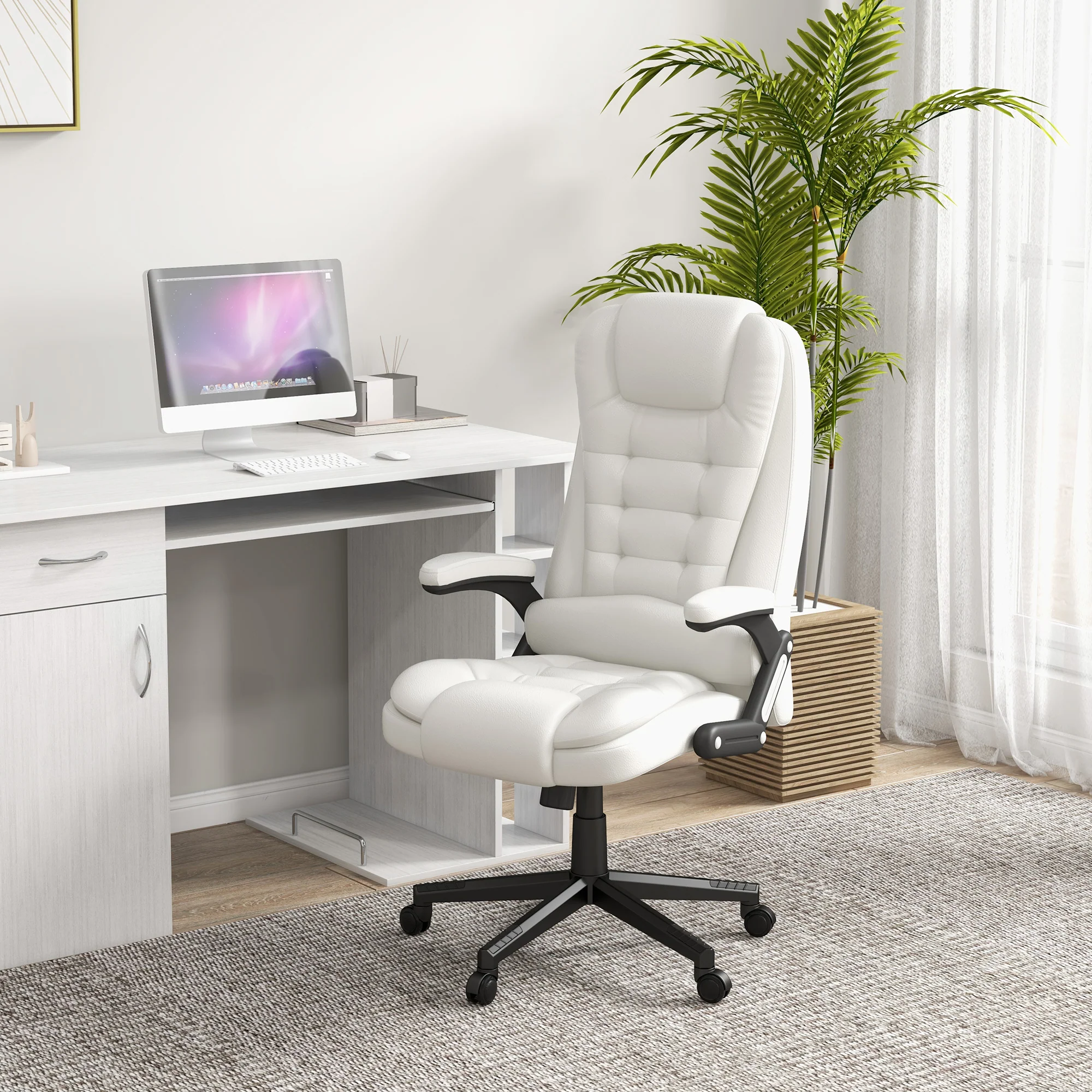 Heated Massage Office Chair with 6 Vibration Points, Armrest and Remote, White - Image 3