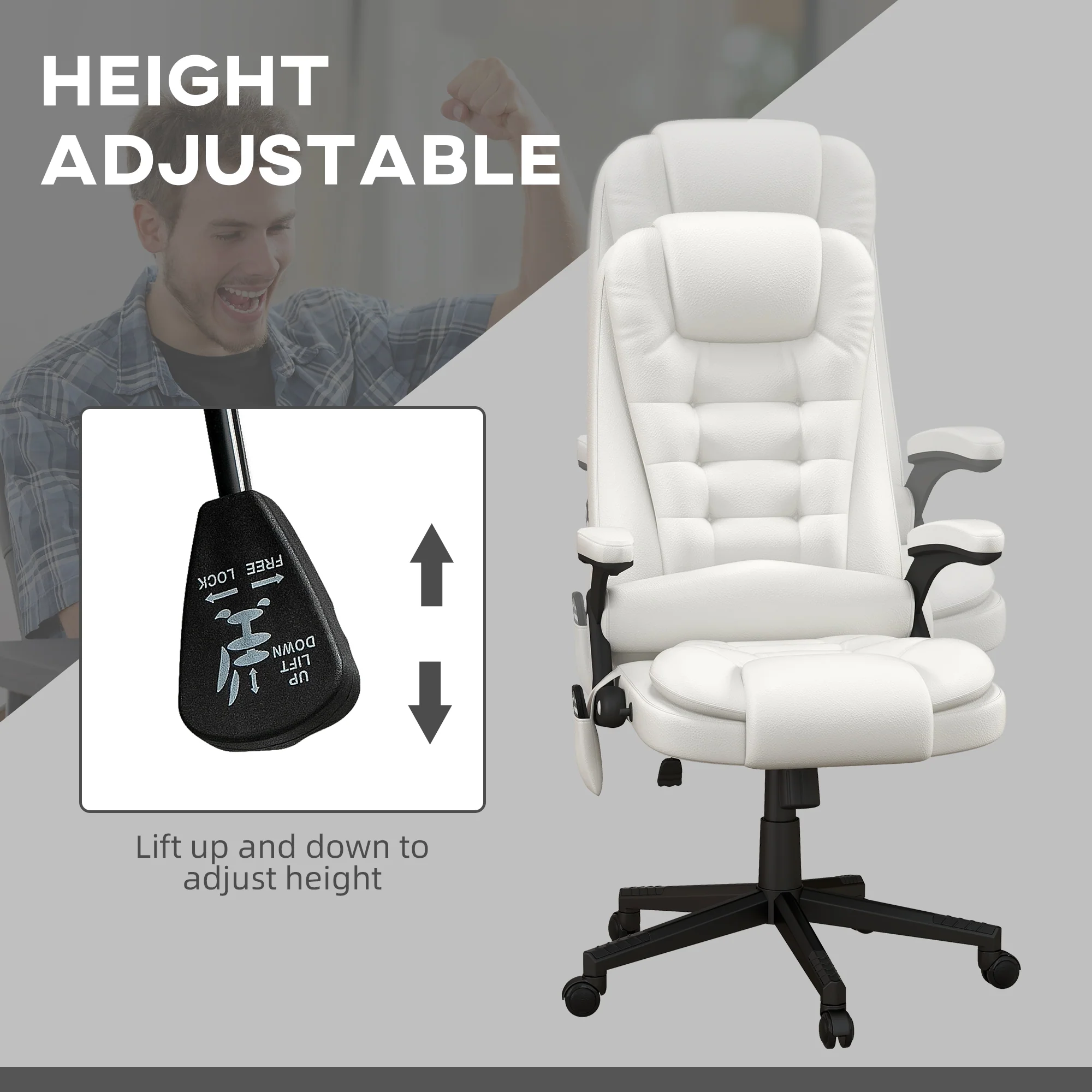 Heated Massage Office Chair with 6 Vibration Points, Armrest and Remote, White - Image 6