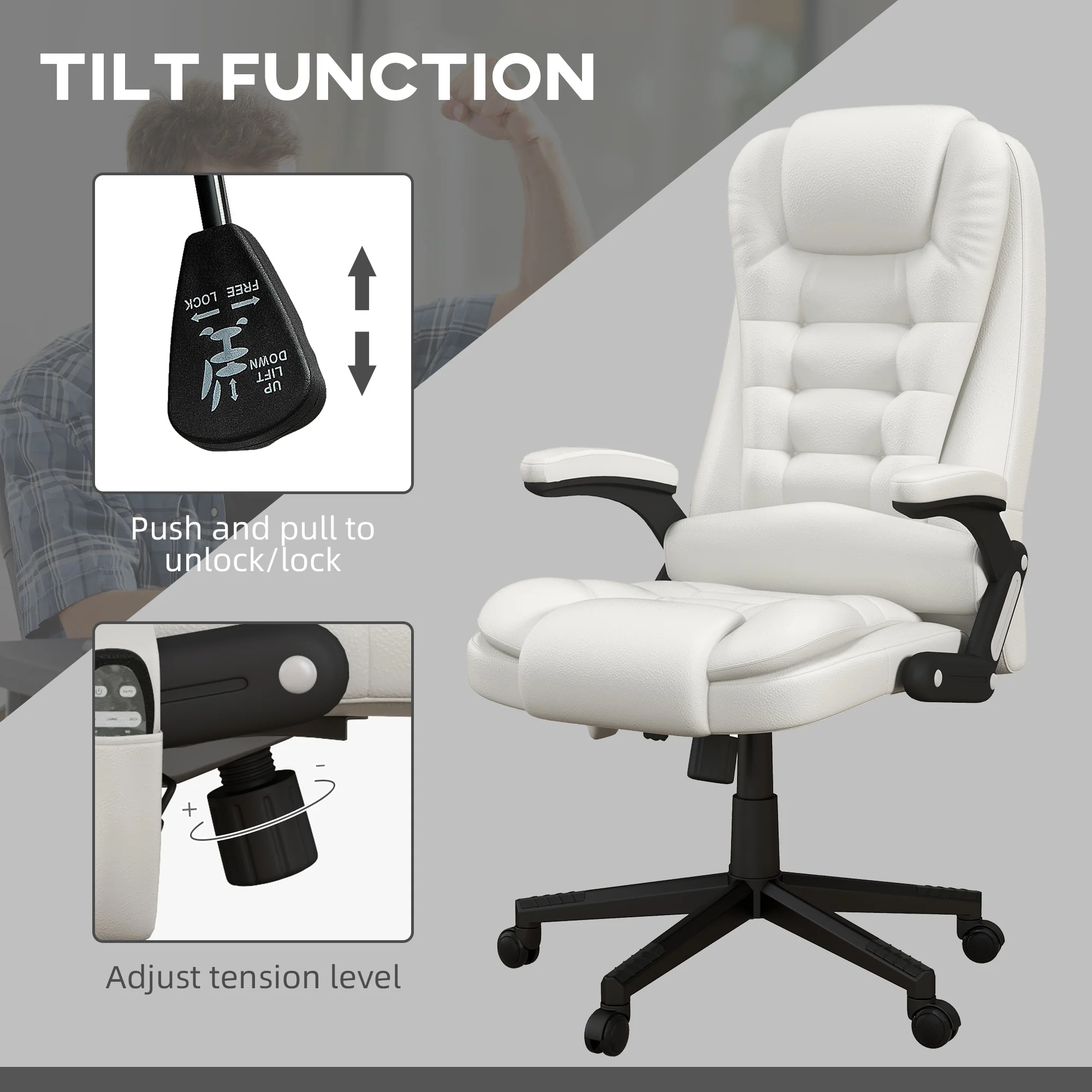 Heated Massage Office Chair with 6 Vibration Points, Armrest and Remote, White - Image 7