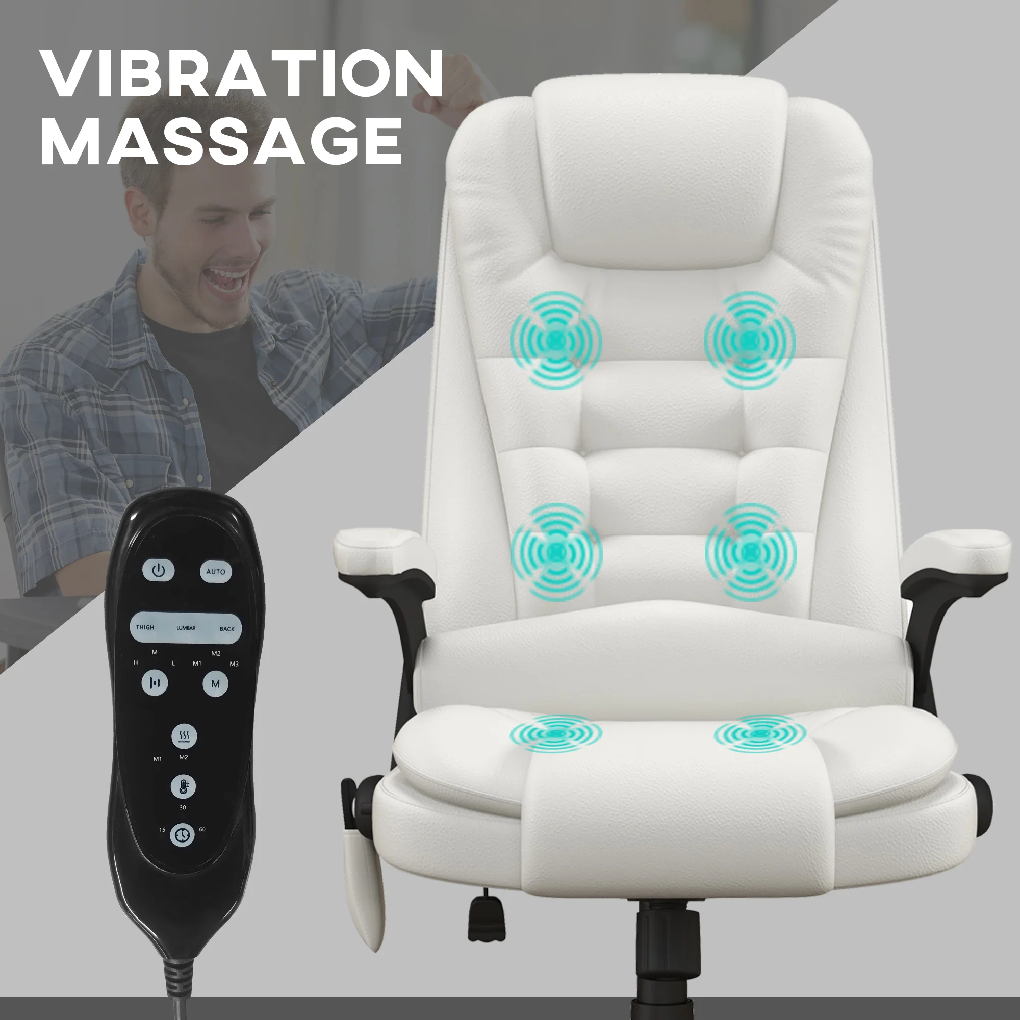 Heated Massage Office Chair with 6 Vibration Points, Armrest and Remote, White - Image 9