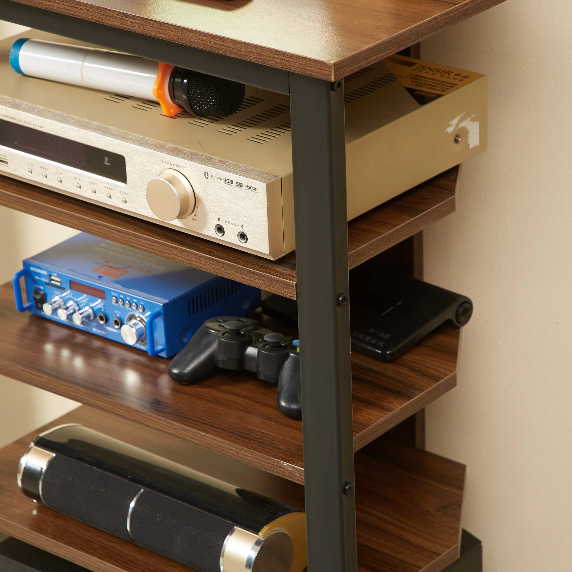 TV Stand with LED 4-Tier Audio Rack, Media Corner Shelf with Cable Management, Brown - Image 10