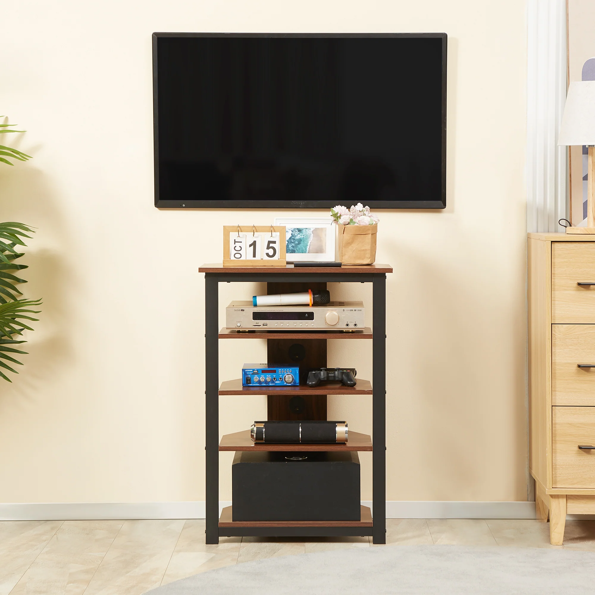 TV Stand with LED 4-Tier Audio Rack, Media Corner Shelf with Cable Management, Brown - Image 3