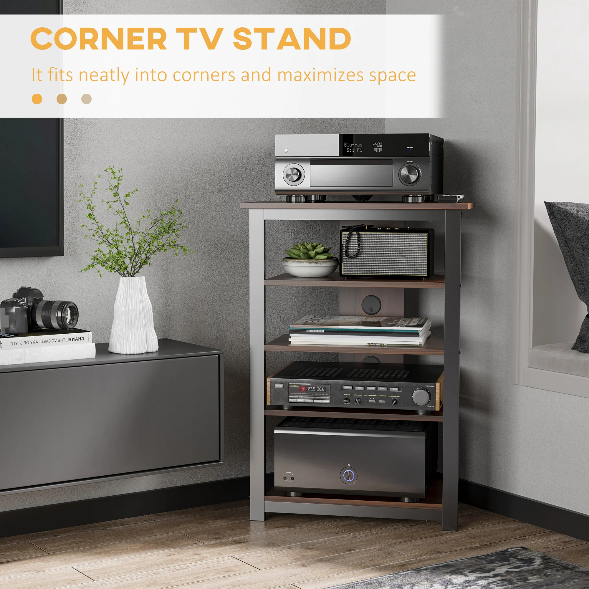 TV Stand with LED 4-Tier Audio Rack, Media Corner Shelf with Cable Management, Brown - Image 6