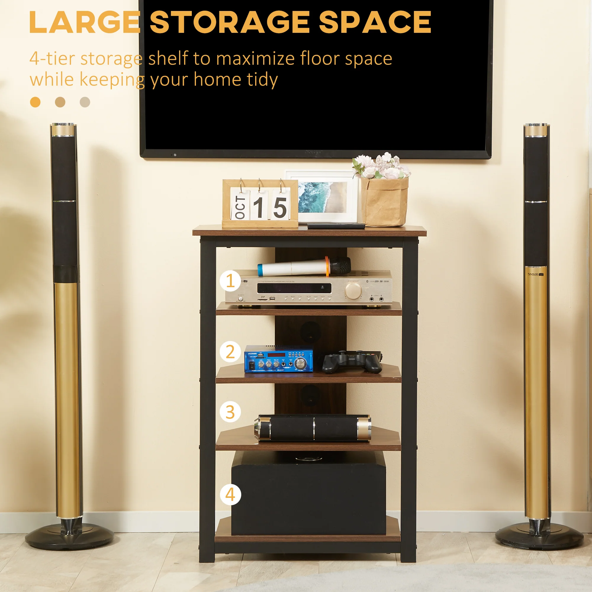 TV Stand with LED 4-Tier Audio Rack, Media Corner Shelf with Cable Management, Brown - Image 7