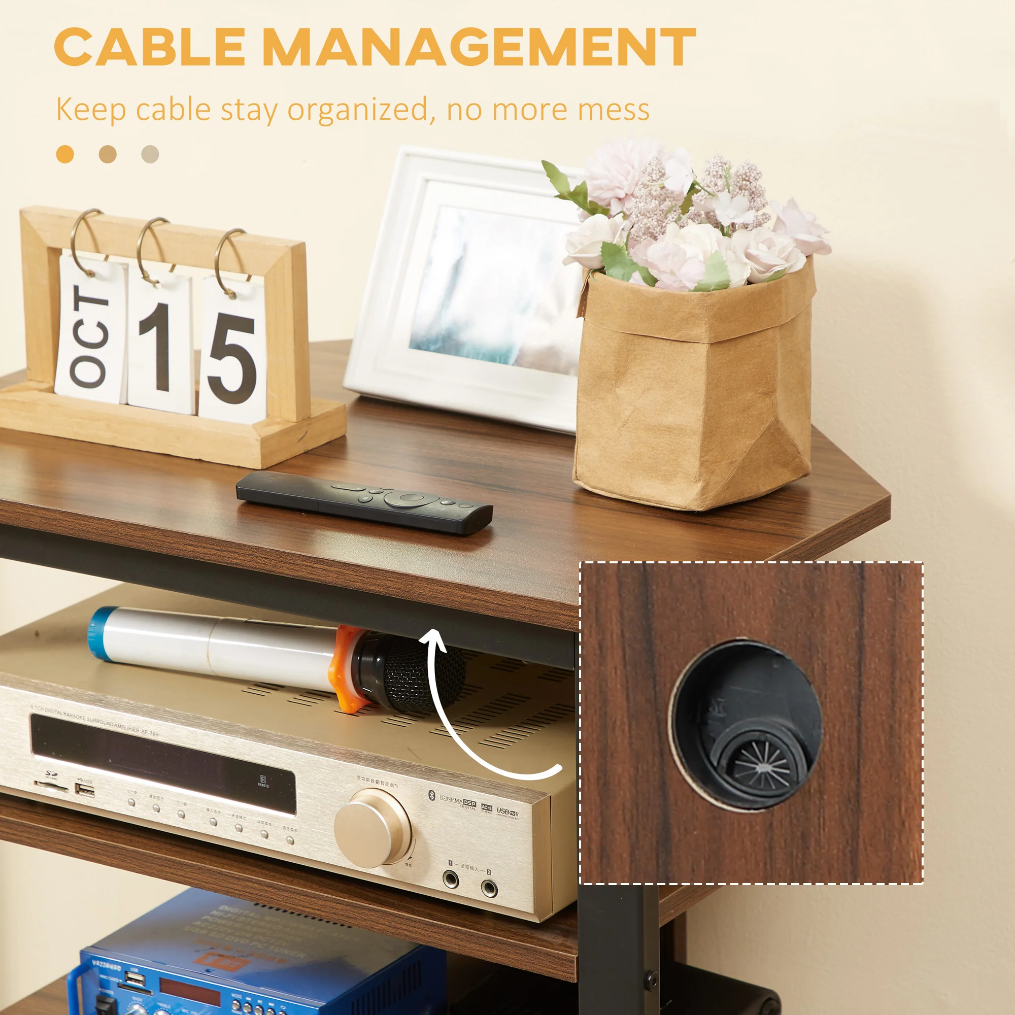 TV Stand with LED 4-Tier Audio Rack, Media Corner Shelf with Cable Management, Brown - Image 8