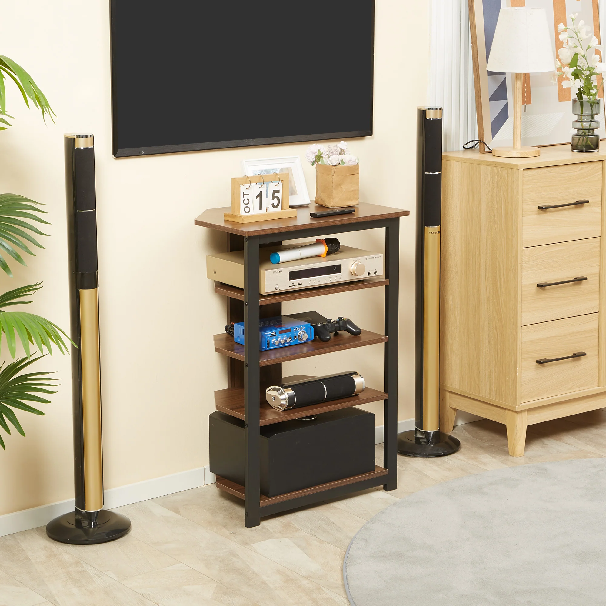 TV Stand with LED 4-Tier Audio Rack, Media Corner Shelf with Cable Management, Brown - Image 9