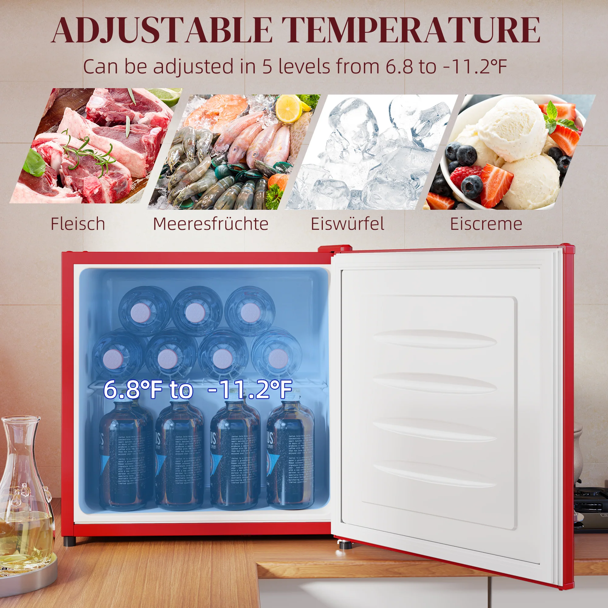 1.1 Cu Ft Countertop Mini Freezer, Compact Upright with Removable Shelves, Red - Image 6