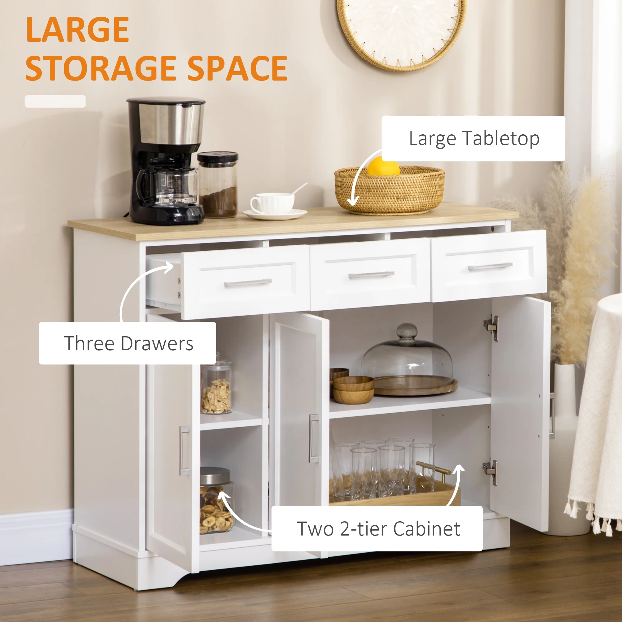 Kitchen Sideboard Buffet Cabinet with 3 Adjustable Height for Dining Room, White - Image 6