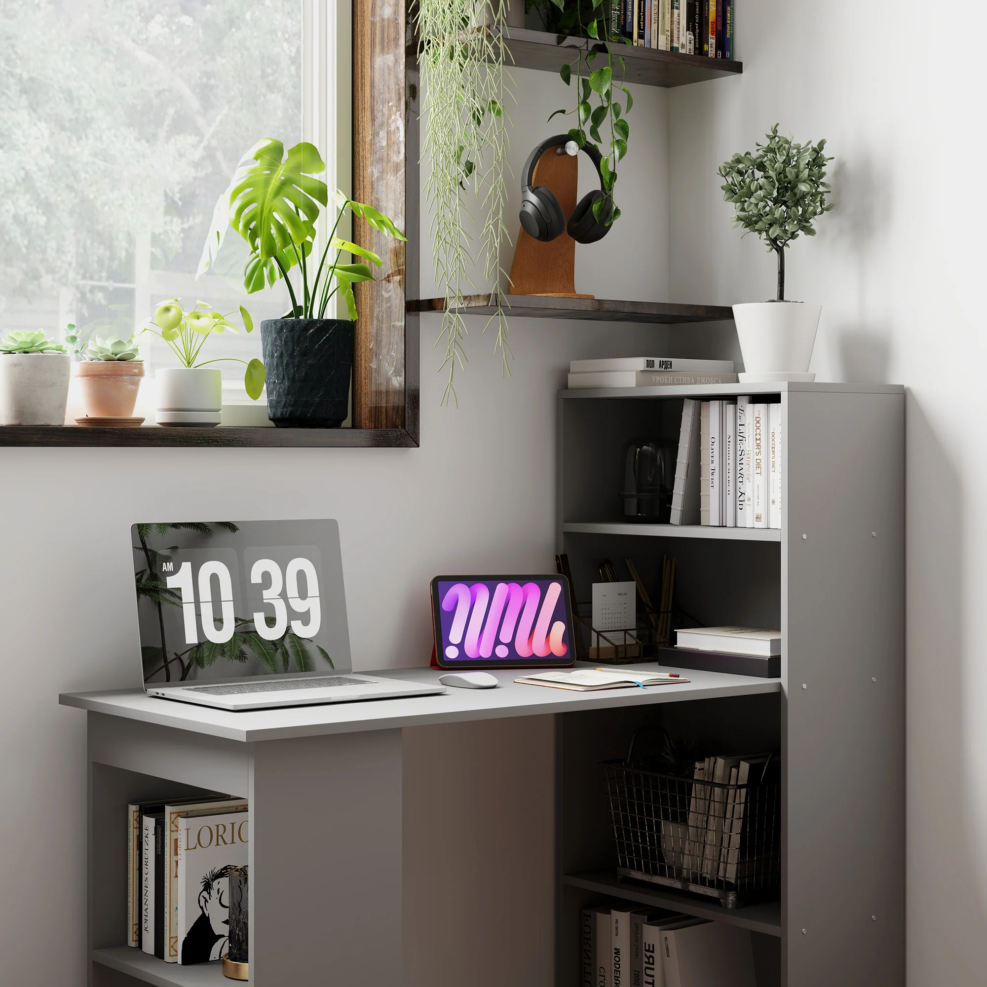 Modern Home Office Desk with 6-Tier Storage Shelves, 47" Writing Desk with Bookshelf, Gray - Image 10