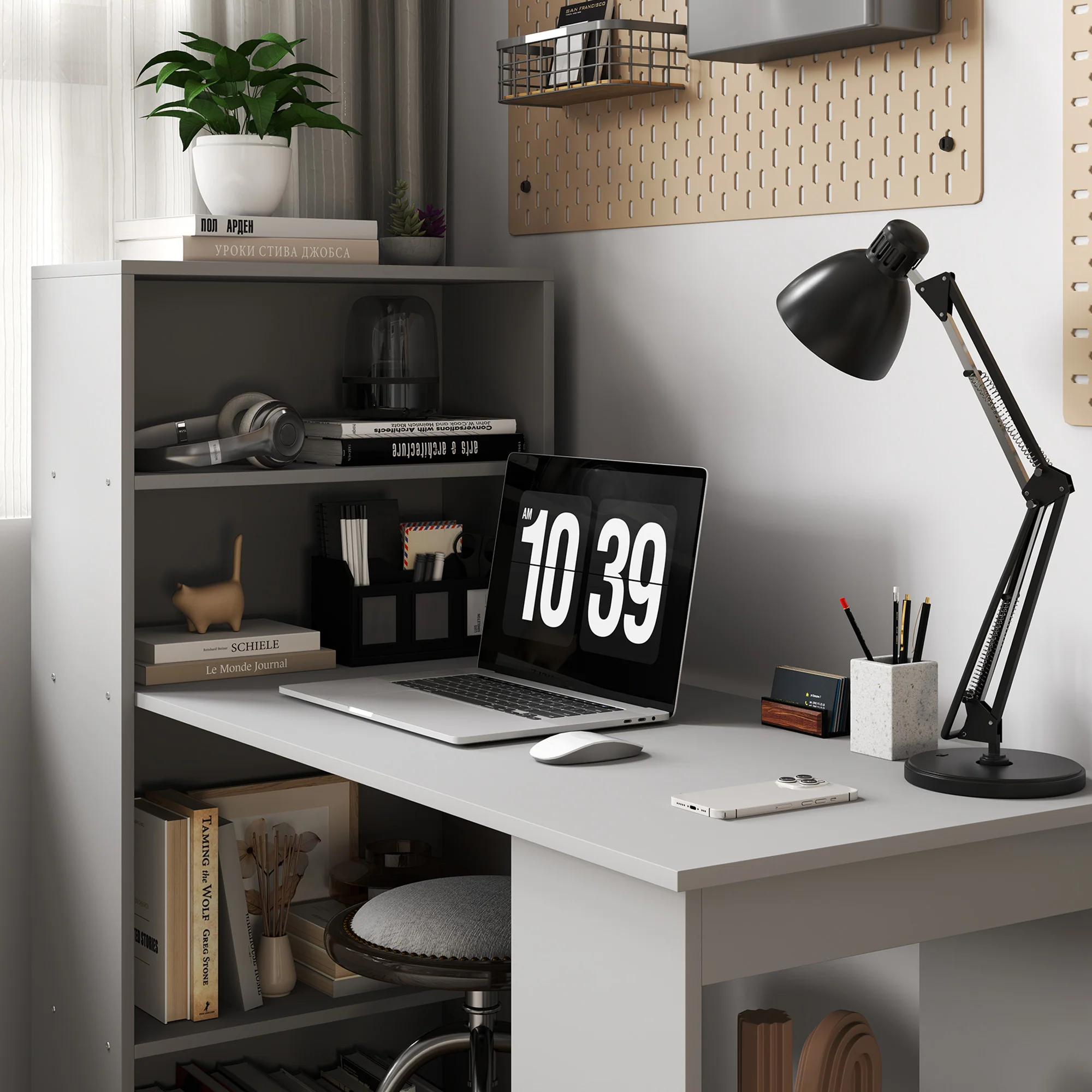 Modern Home Office Desk with 6-Tier Storage Shelves, 47" Writing Desk with Bookshelf, Gray - Image 11
