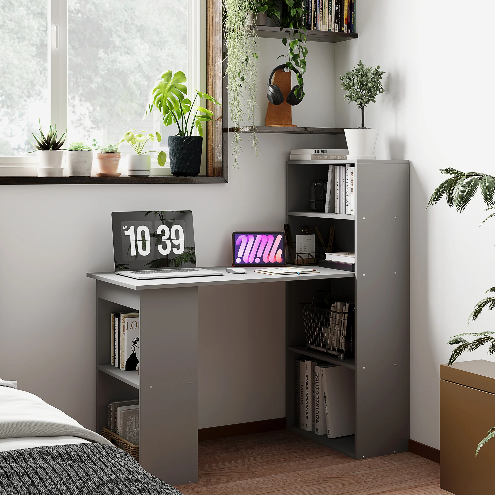 Modern Home Office Desk with 6-Tier Storage Shelves, 47" Writing Desk with Bookshelf, Gray - Image 3