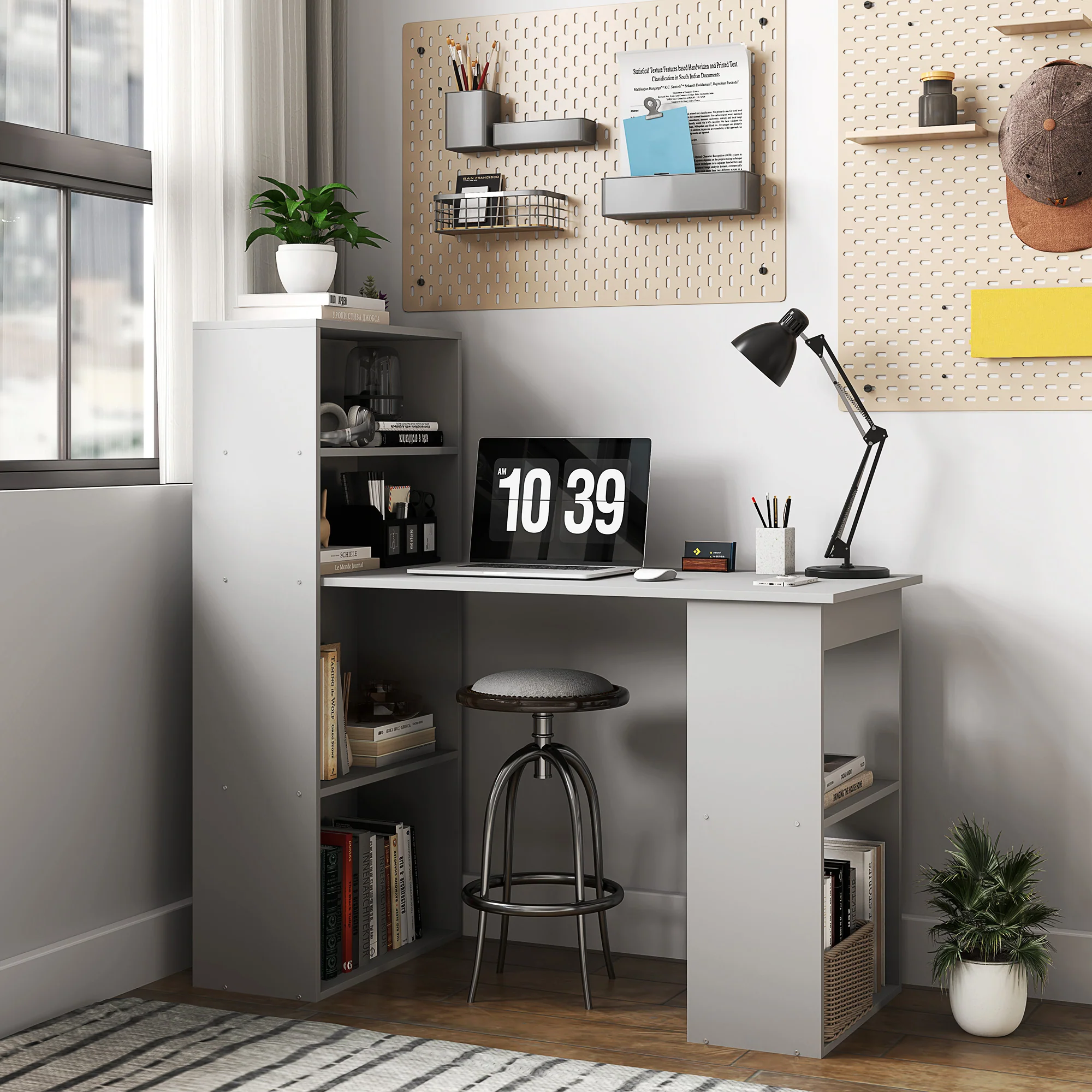 Modern Home Office Desk with 6-Tier Storage Shelves, 47" Writing Desk with Bookshelf, Gray - Image 4